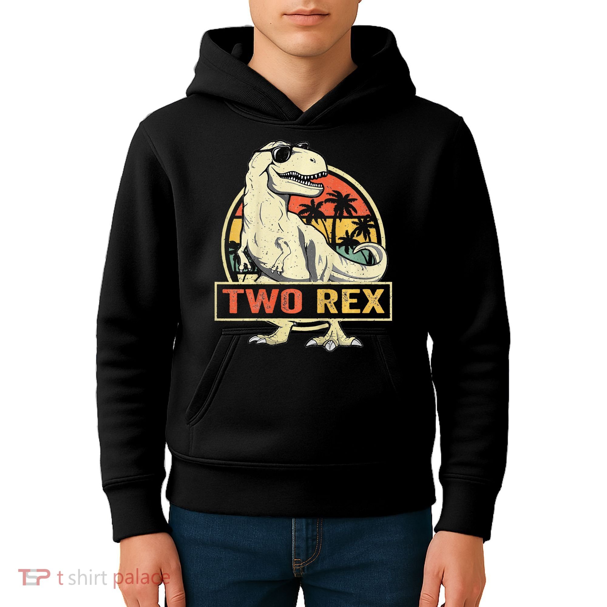 Kids Two Rex 2nd Birthday Gift Second Dinosaur 2 Year Old Kids Hoodie