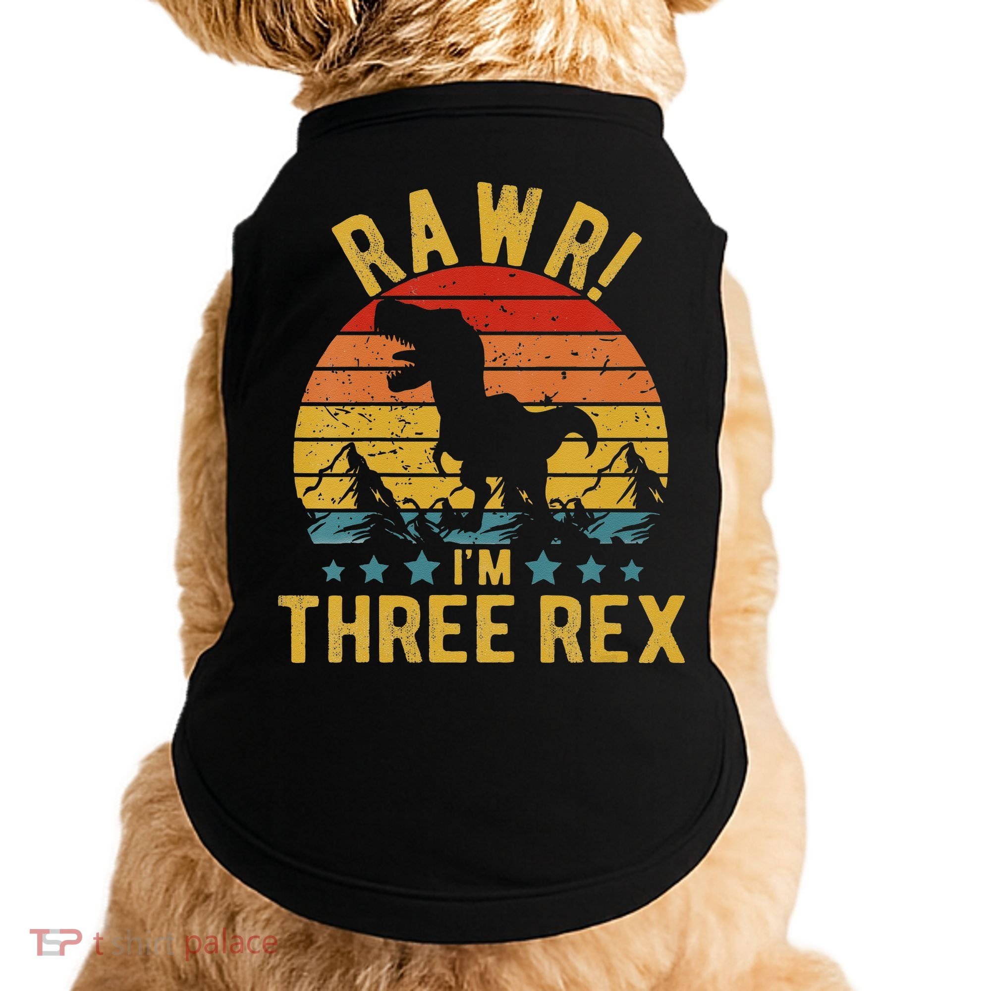 Kids Three Rex 3rd Birthday Dinosaur 3 Year Old Rawr Boy Girl Doggie Tank