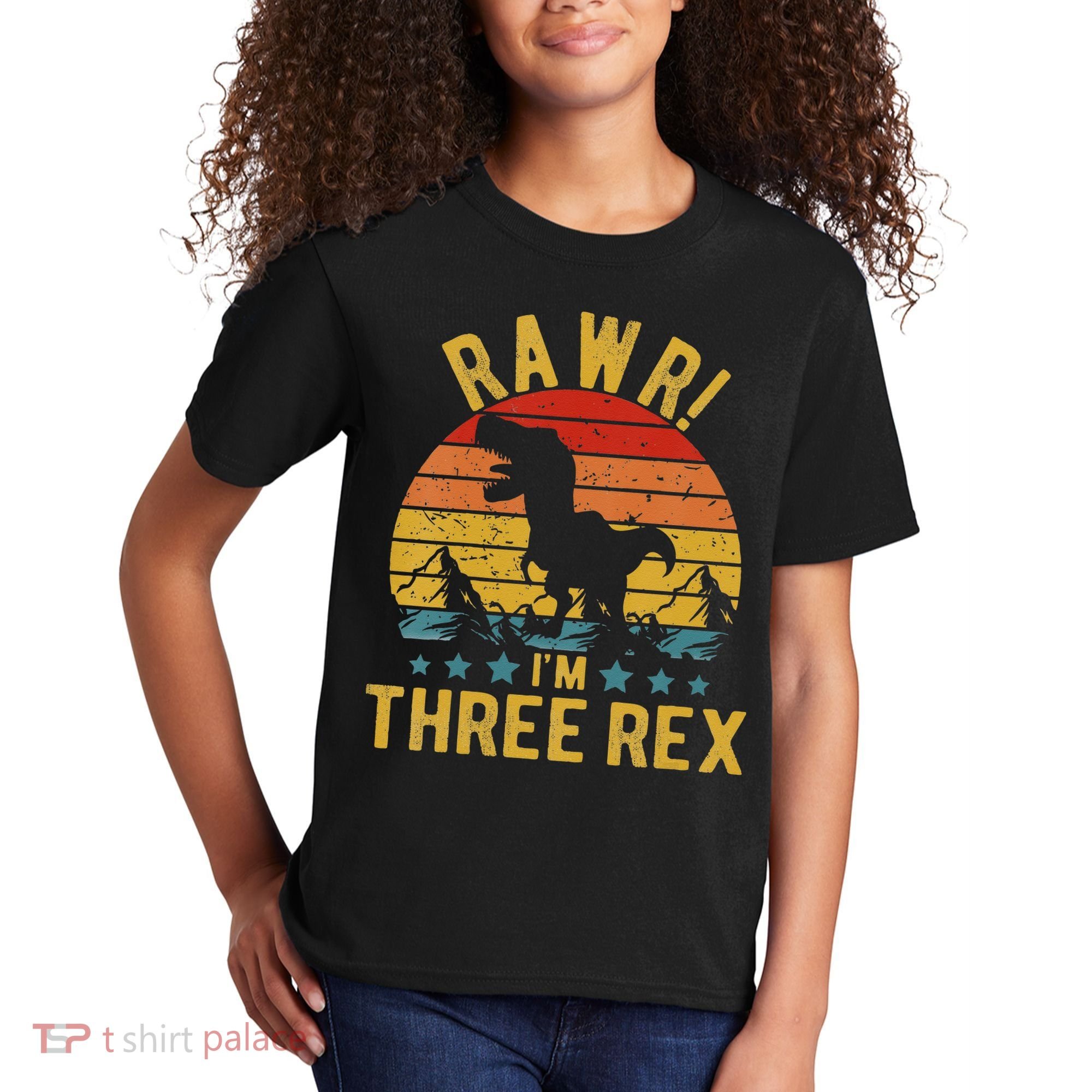 Kids Three Rex 3rd Birthday Dinosaur 3 Year Old Rawr Boy Girl Kids T-Shirt