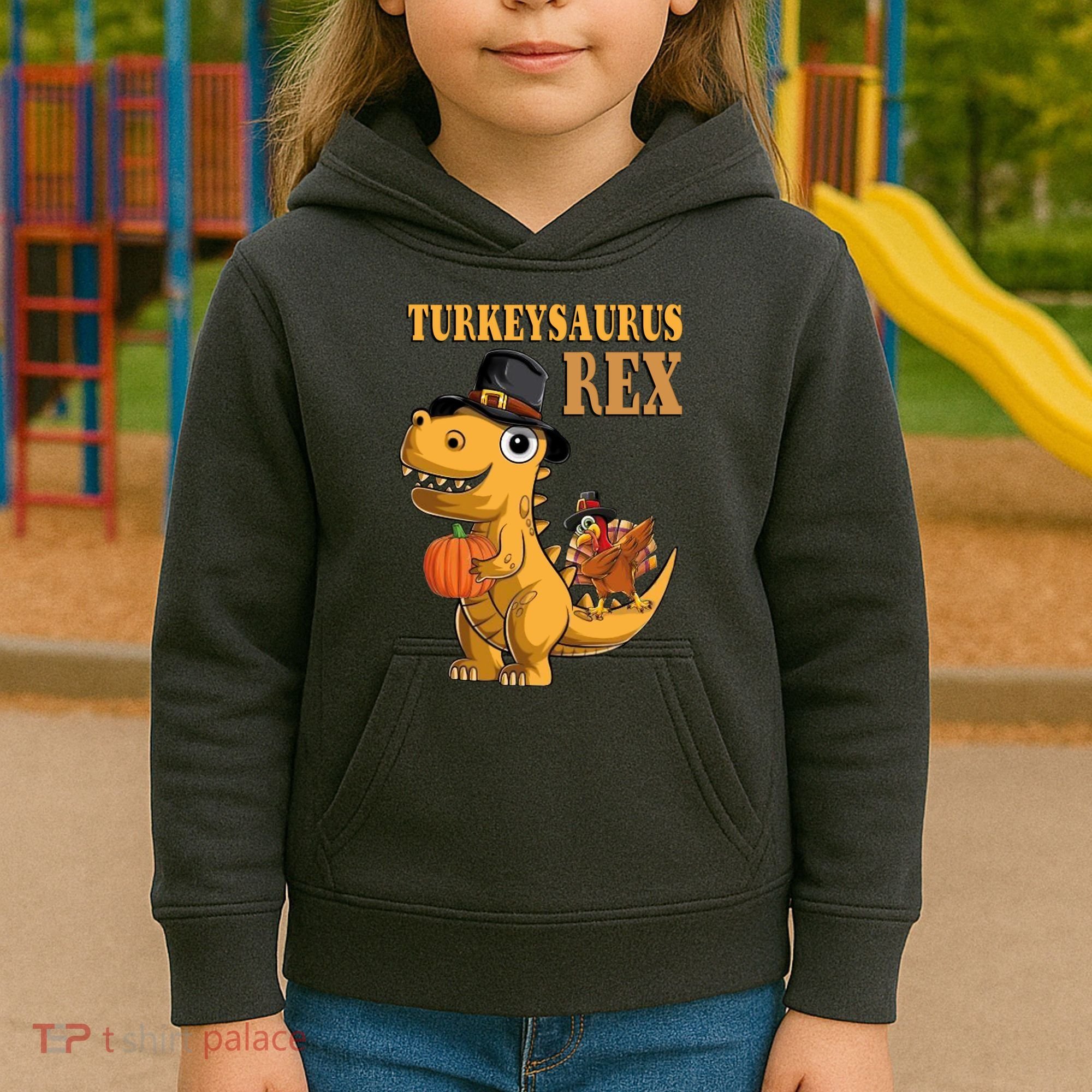Kids Turkeysaurus Rex Turkey Dino Thanksgiving Kids Hoodie