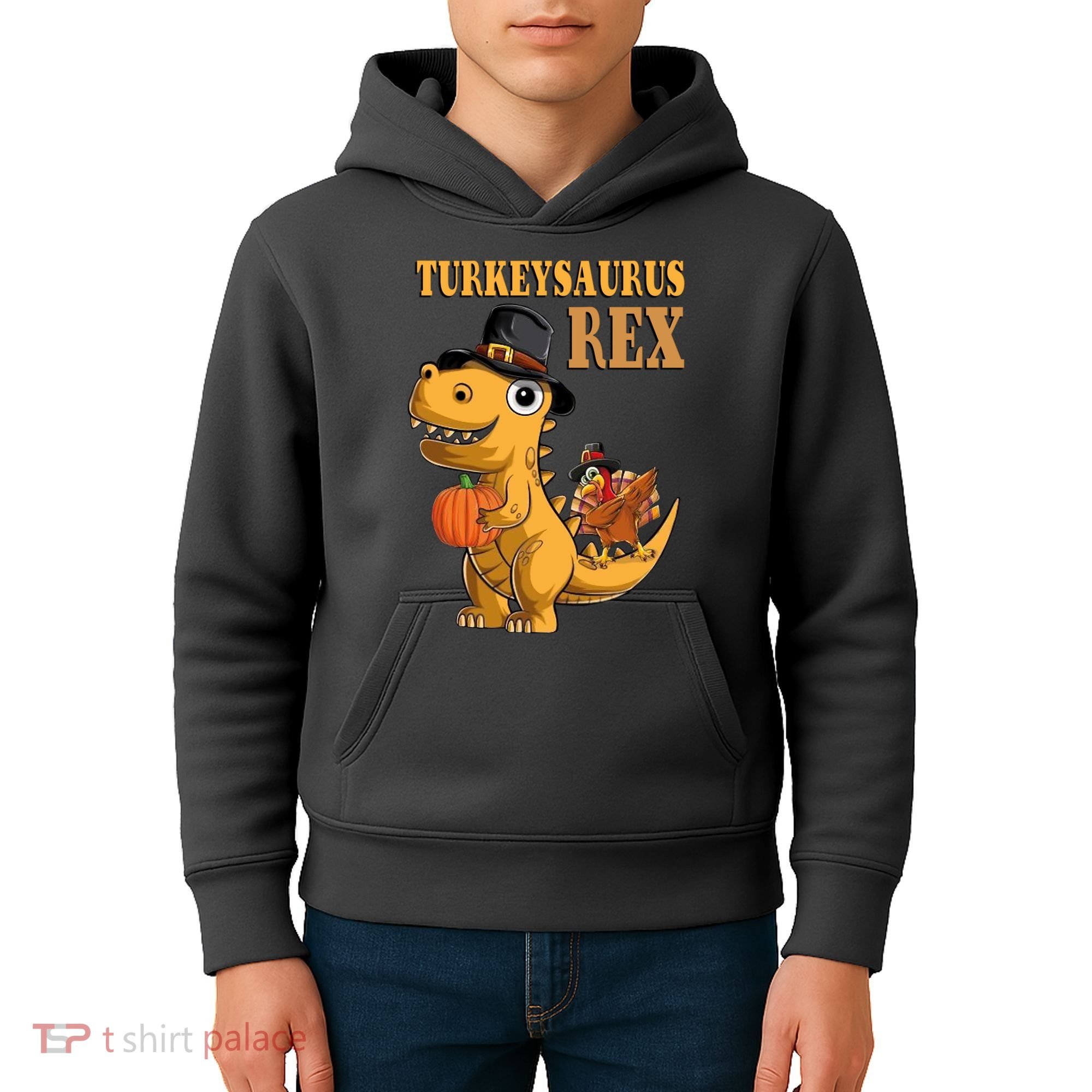 Kids Turkeysaurus Rex Turkey Dino Thanksgiving Kids Hoodie
