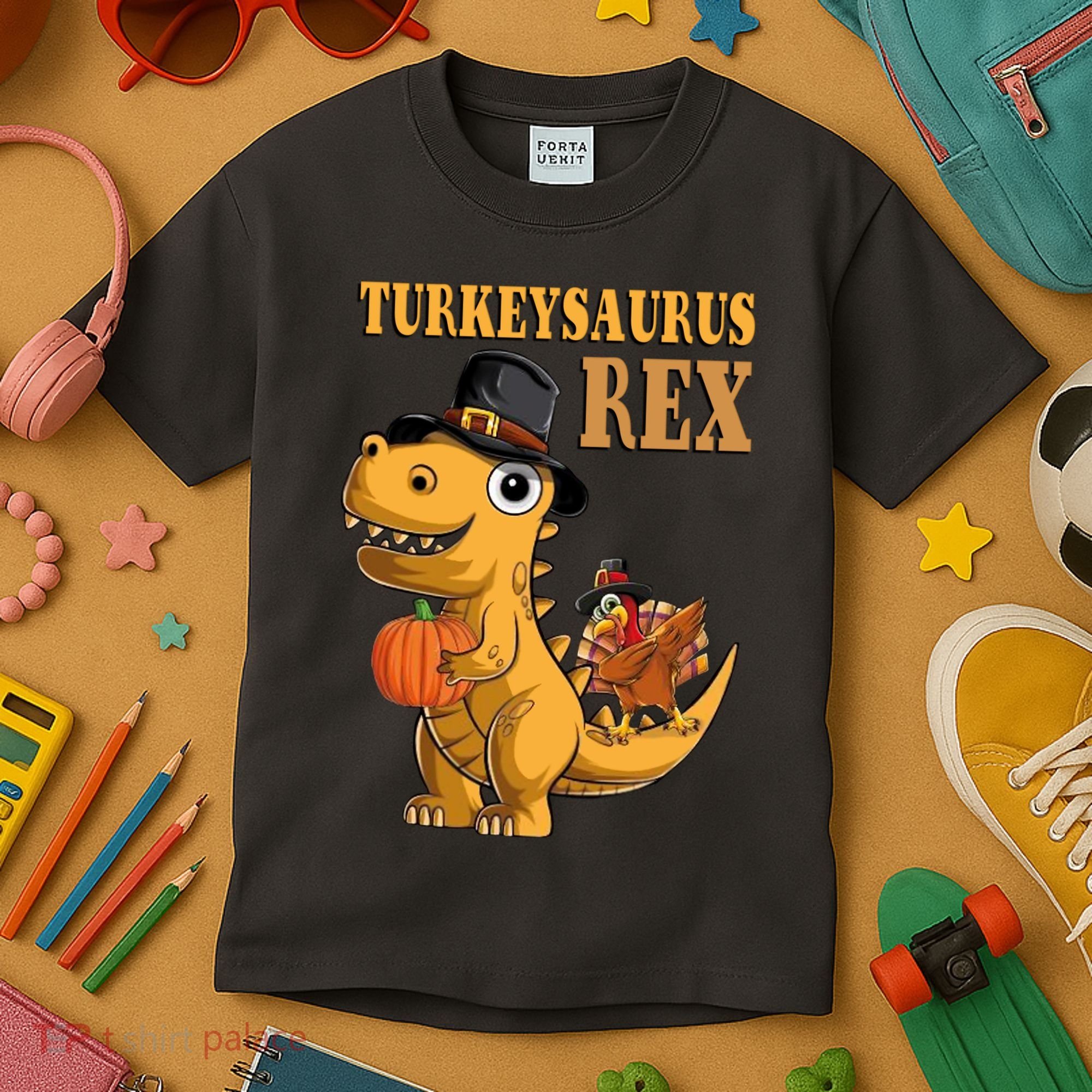 Kids Turkeysaurus Rex Turkey Dino Thanksgiving Kids T-Shirt