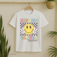 Kindergarten Teacher Team Hippie Smile Face Back To School T-Shirt thumb 2