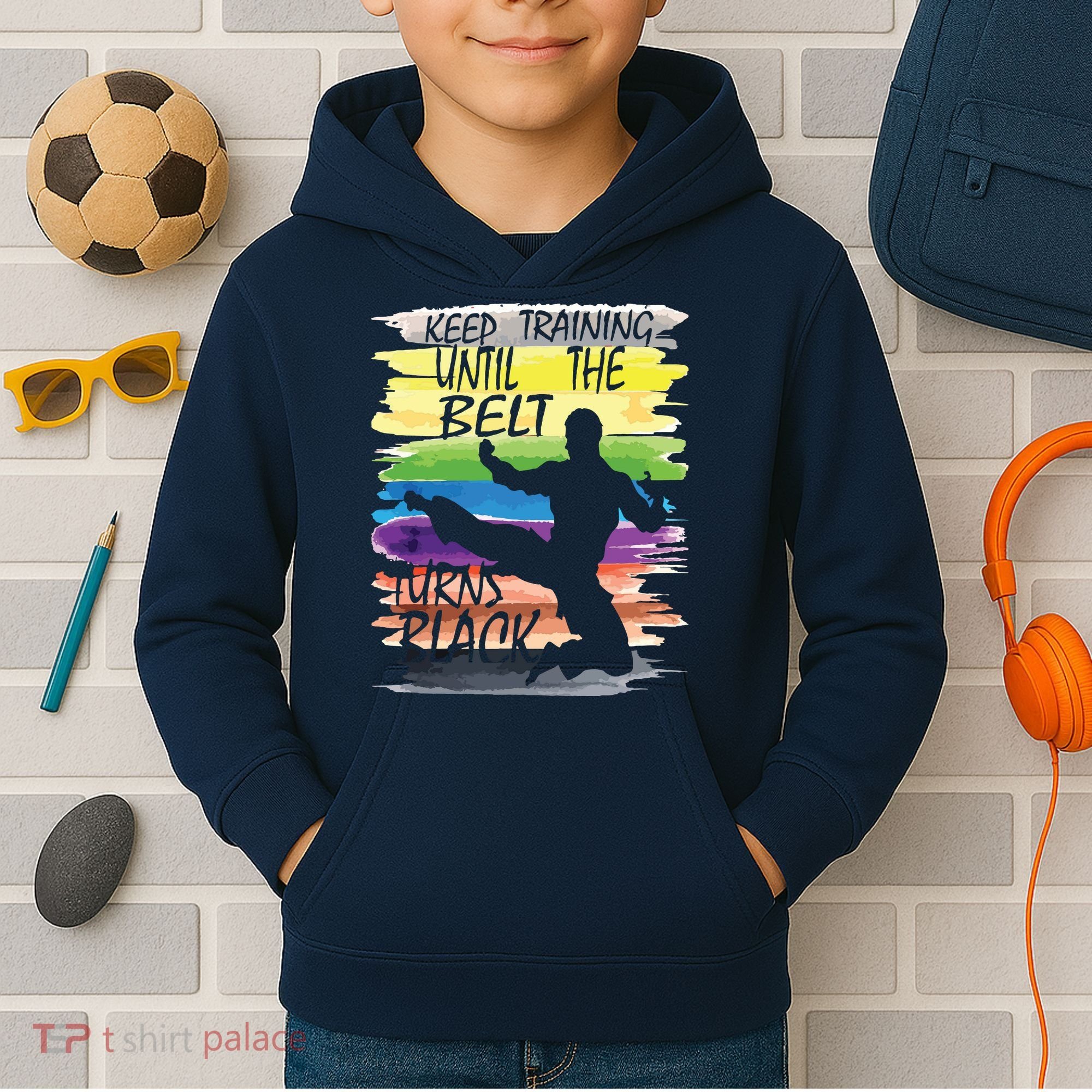 Keep Training Until The Belt Turns Black Karate Boy Kids Hoodie