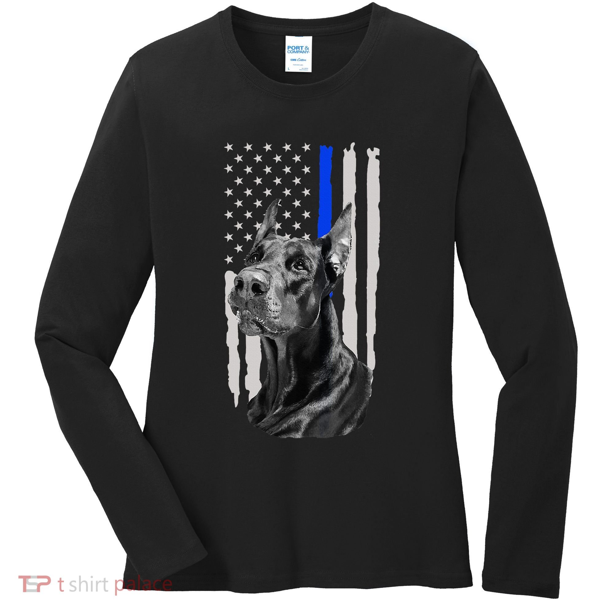 K9 Unit Doberman Police Dog Thin Blue Line Us Flag Supportor Women's Long Sleeve Shirt