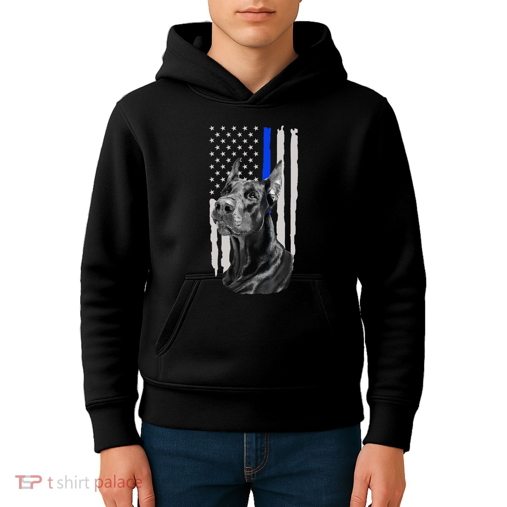 K9 Unit Doberman Police Dog Thin Blue Line Us Flag Supportor Kids Hoodie