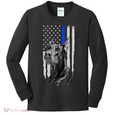 K9 Unit Doberman Police Dog Thin Blue Line Us Flag Supportor Kids Long Sleeve Shirt