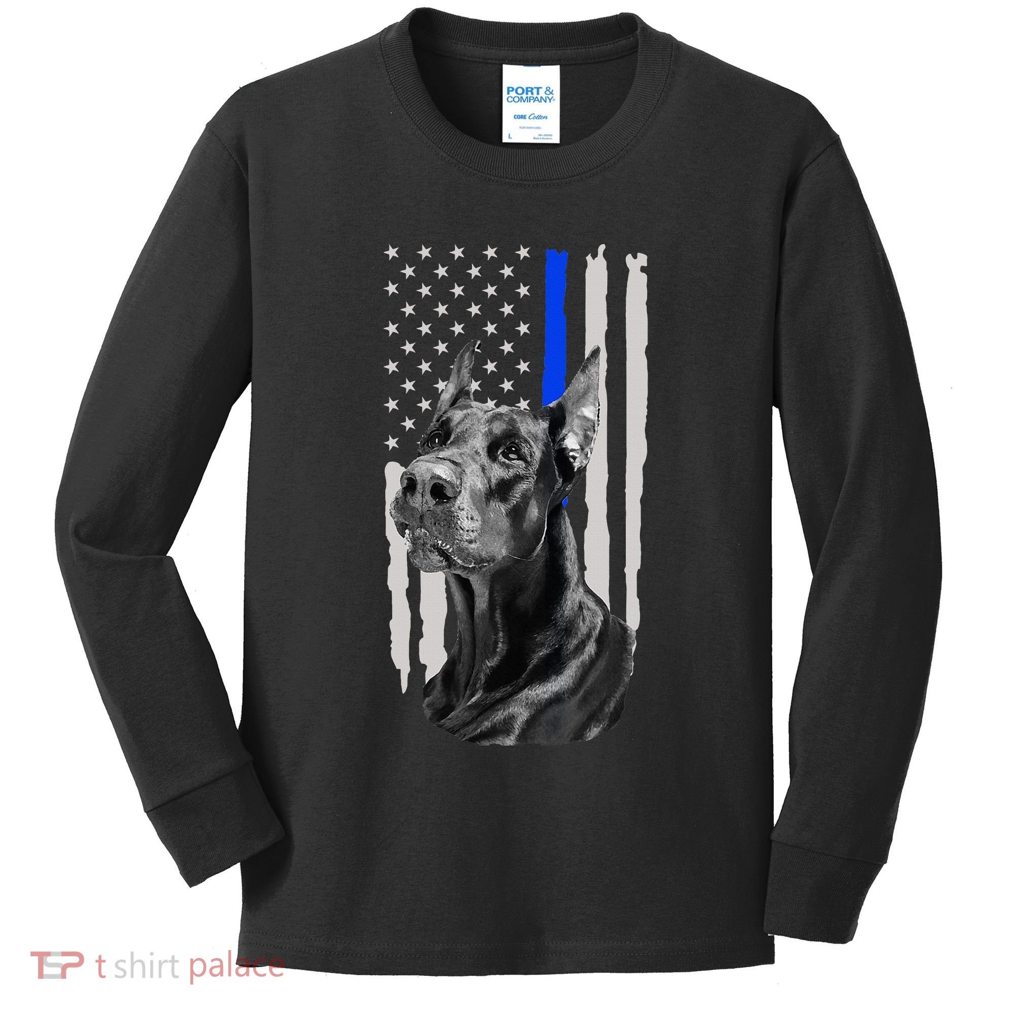 K9 Unit Doberman Police Dog Thin Blue Line Us Flag Supportor Kids Long Sleeve Shirt