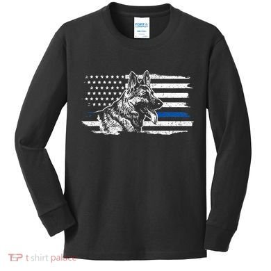 K9 Unit German Shepherd Dog Thin Blue Line Patriotic Police Kids Long Sleeve Shirt