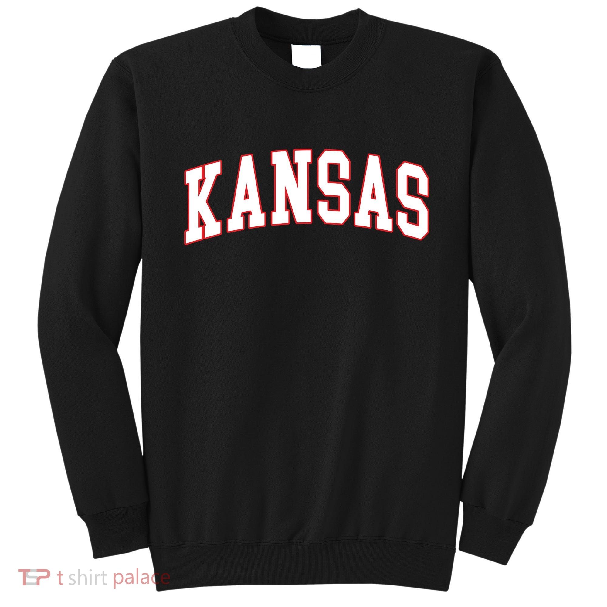 Kansas United States Varsity Style White Red Font Sweatshirt