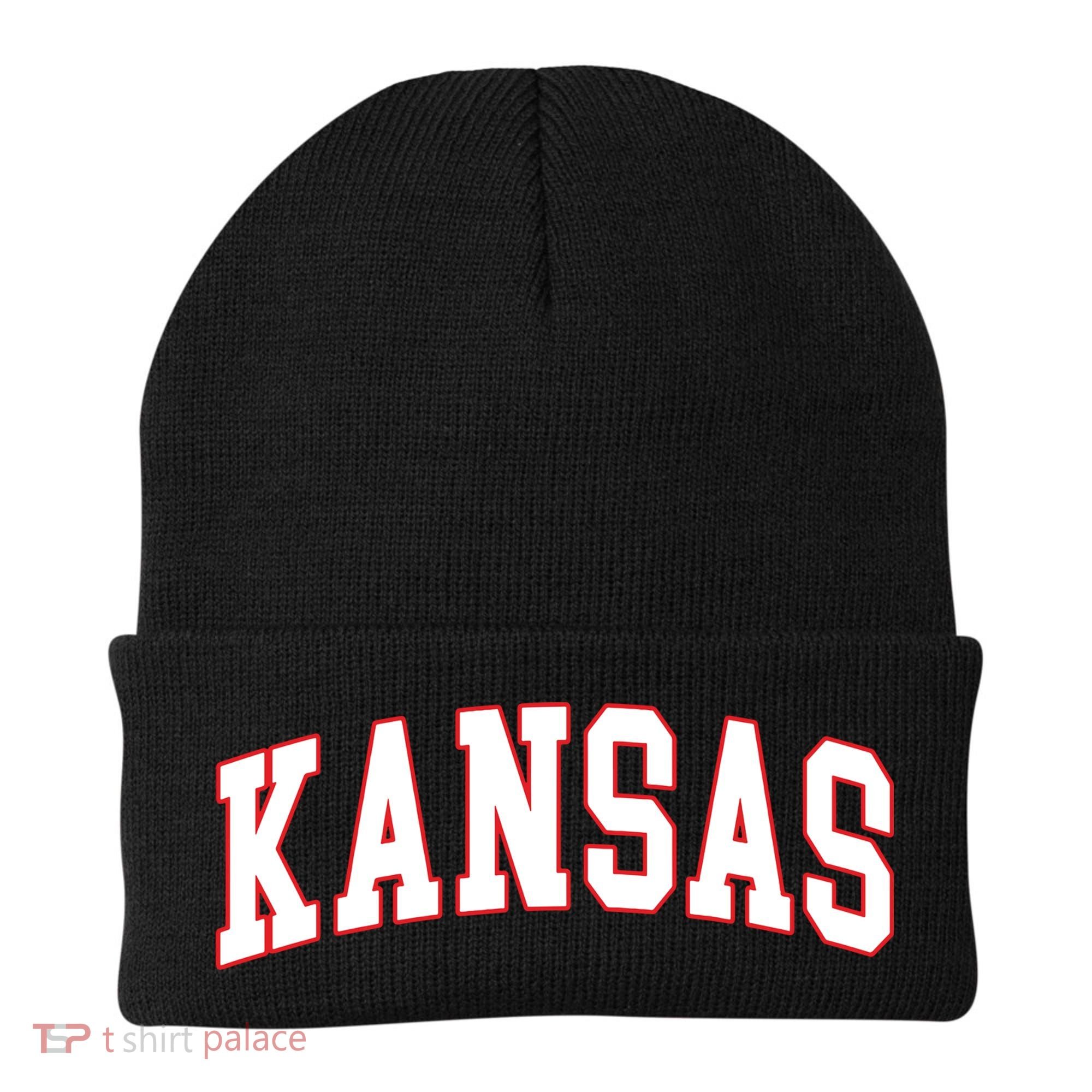 Kansas United States Varsity Style White Red Font Beanie
