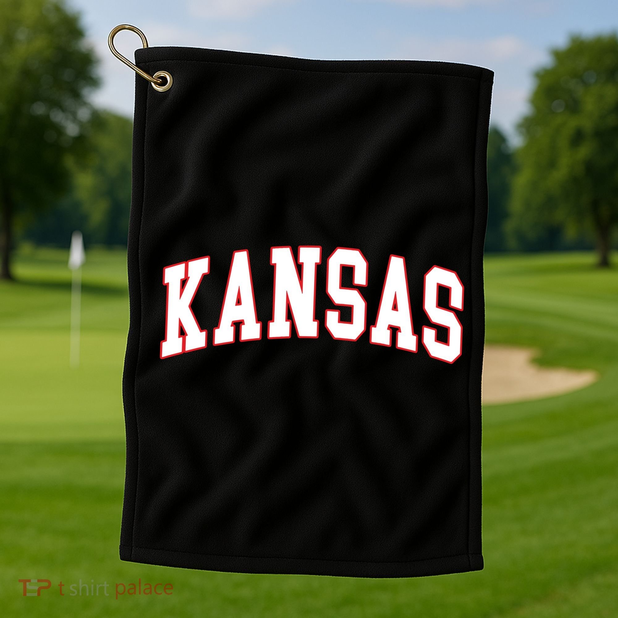 Kansas United States Varsity Style White Red Font Golf Towel