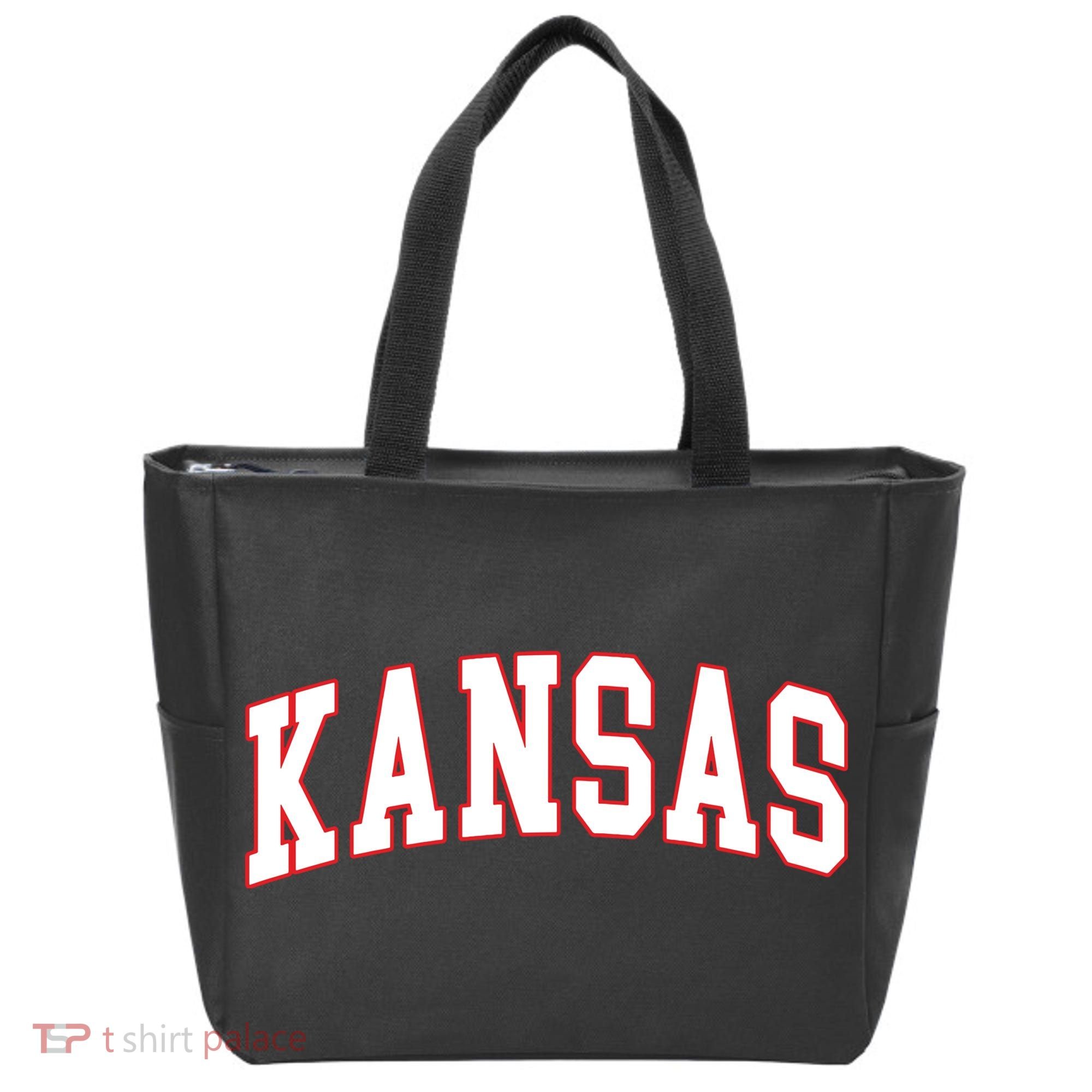 Kansas United States Varsity Style White Red Font Tote Bag