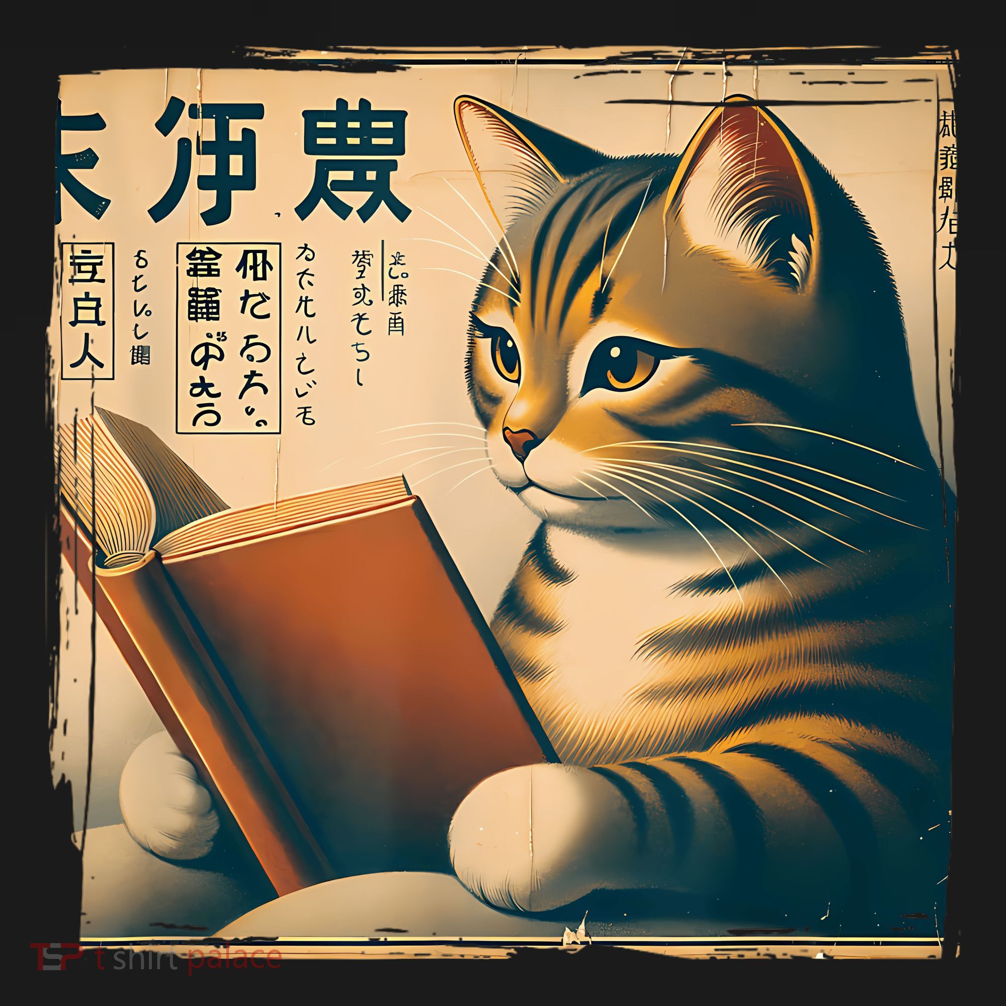 Kawaii Vintage Reading Cat Bookworm Distressed Japanese Art T-Shirt