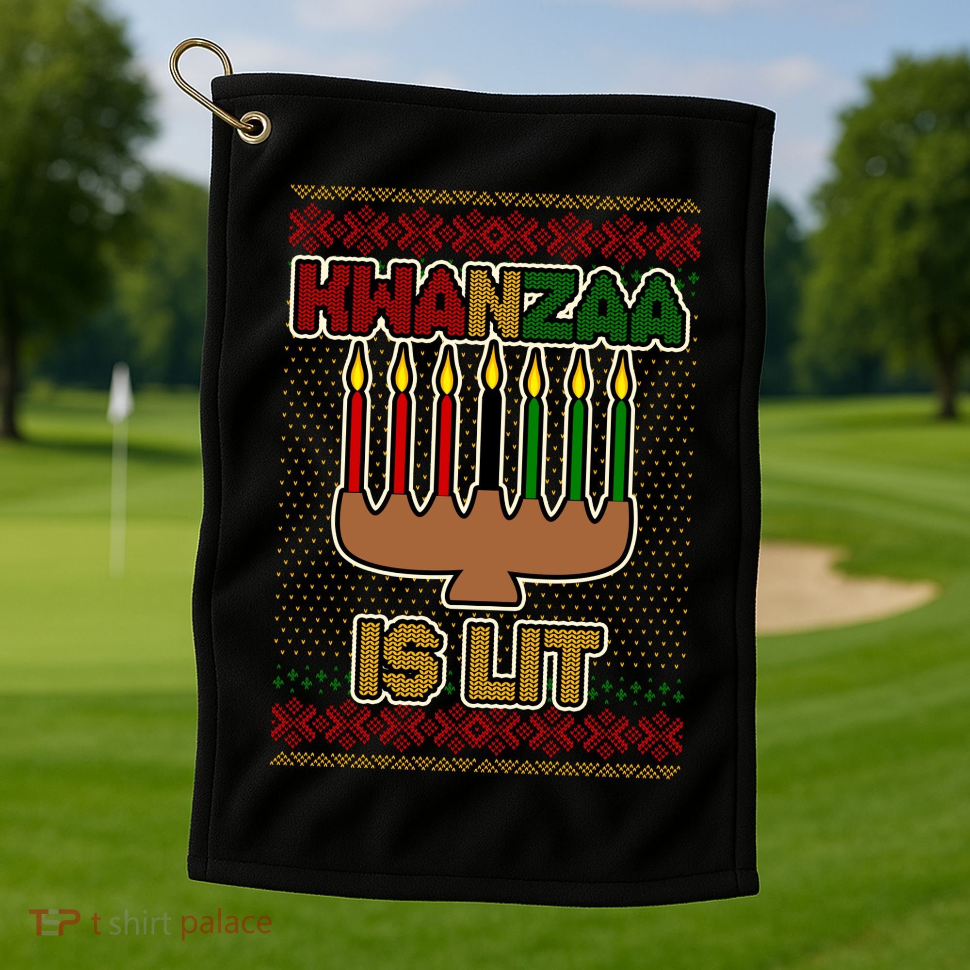 Kwanzaa is Lit Kinara Candles Ugly Kwanzaa Sweater Golf Towel