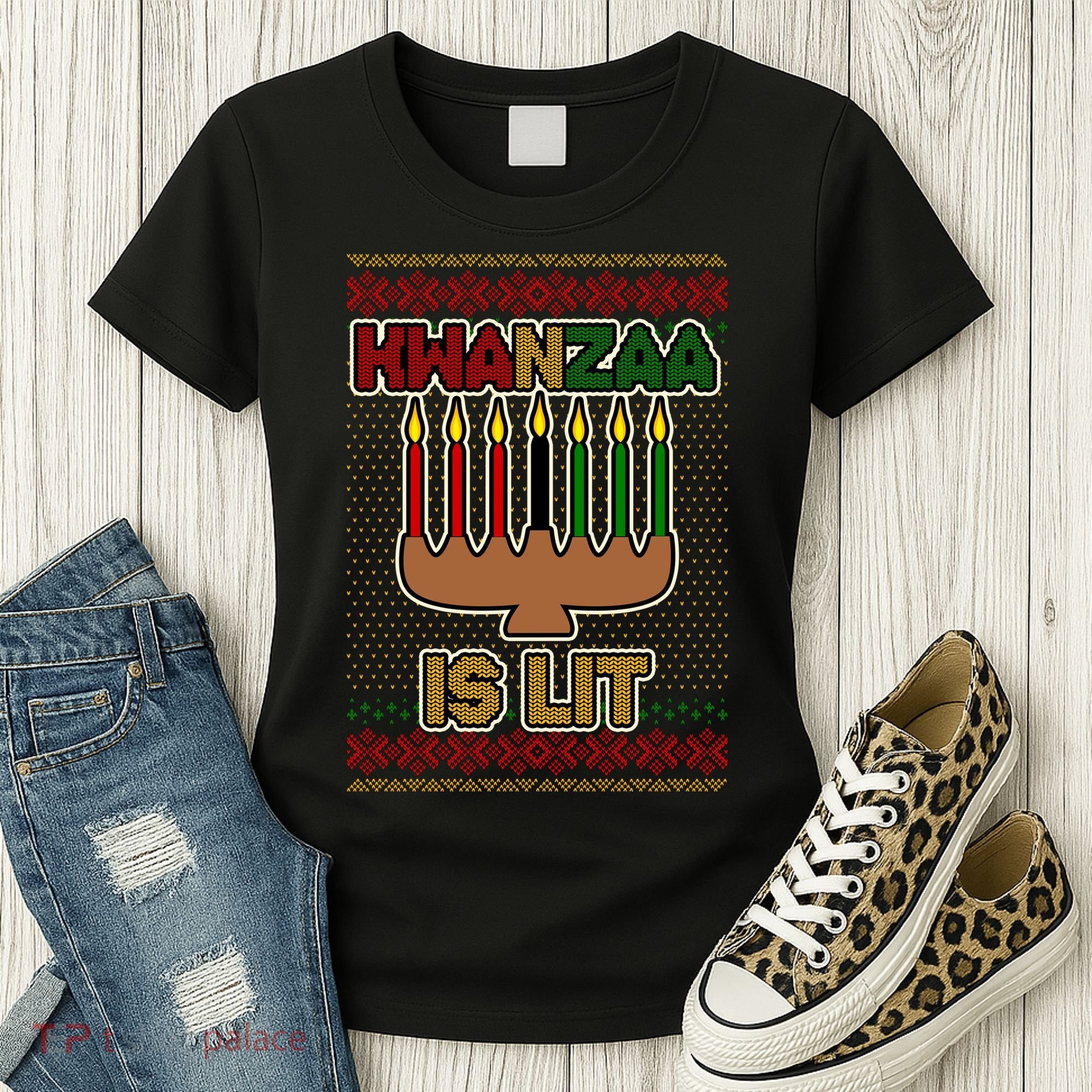 Kwanzaa is Lit Kinara Candles Ugly Kwanzaa Sweater Women's T-Shirt