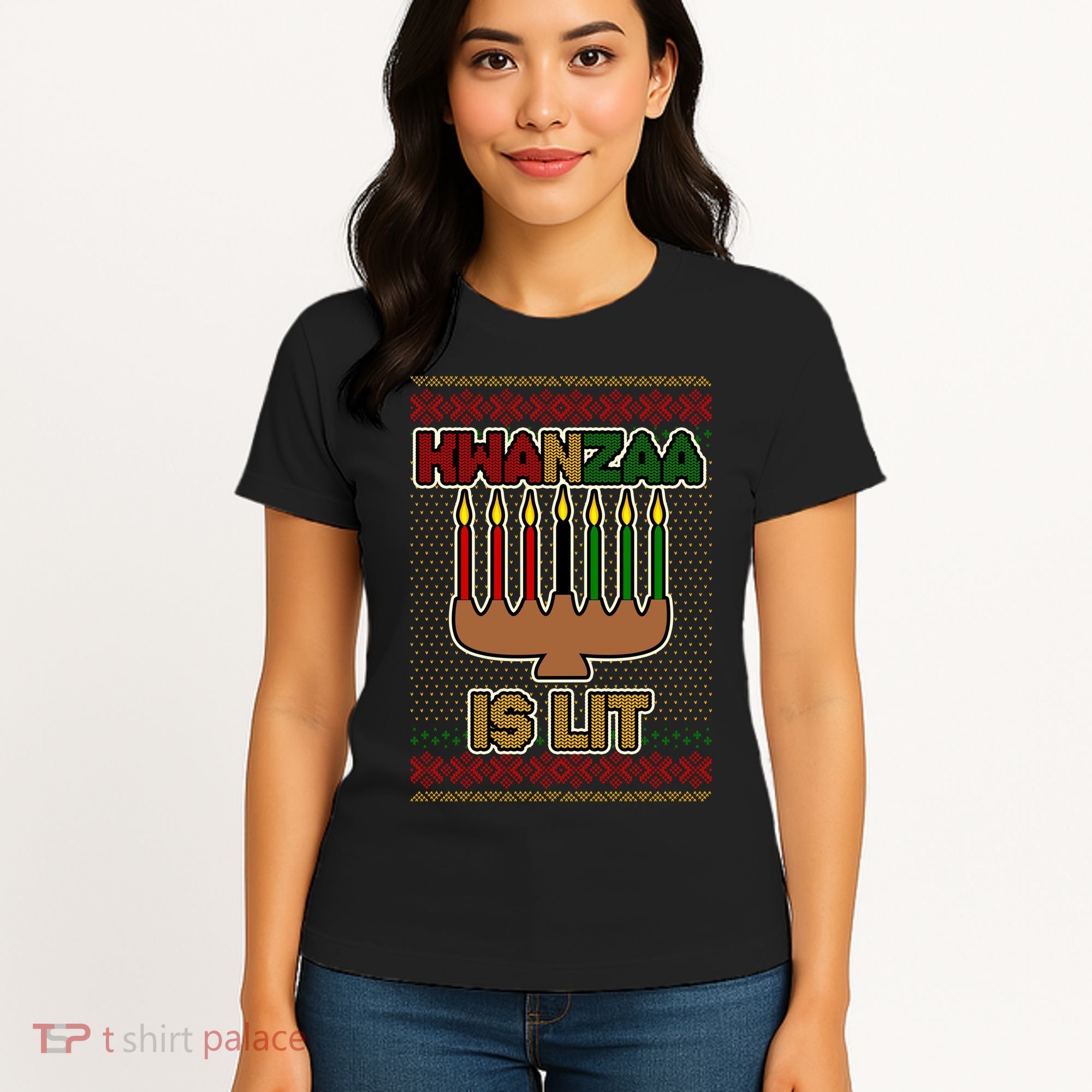 Kwanzaa is Lit Kinara Candles Ugly Kwanzaa Sweater Women's T-Shirt
