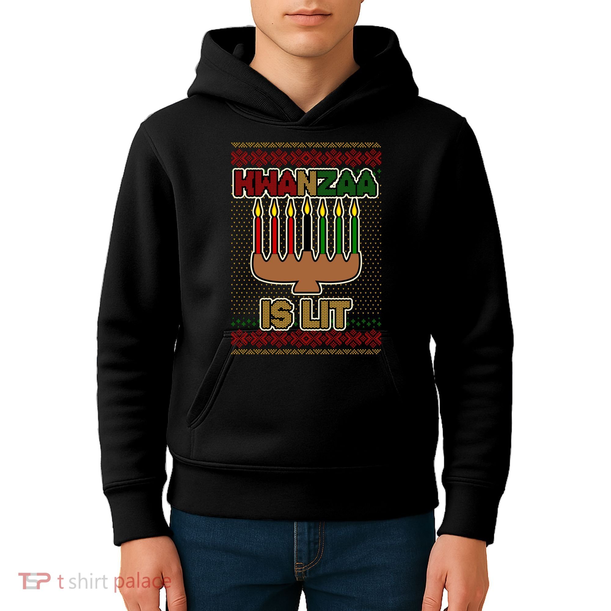 Kwanzaa is Lit Kinara Candles Ugly Kwanzaa Sweater Kids Hoodie