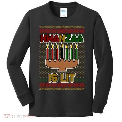 Kwanzaa is Lit Kinara Candles Ugly Kwanzaa Sweater Kids Long Sleeve Shirt