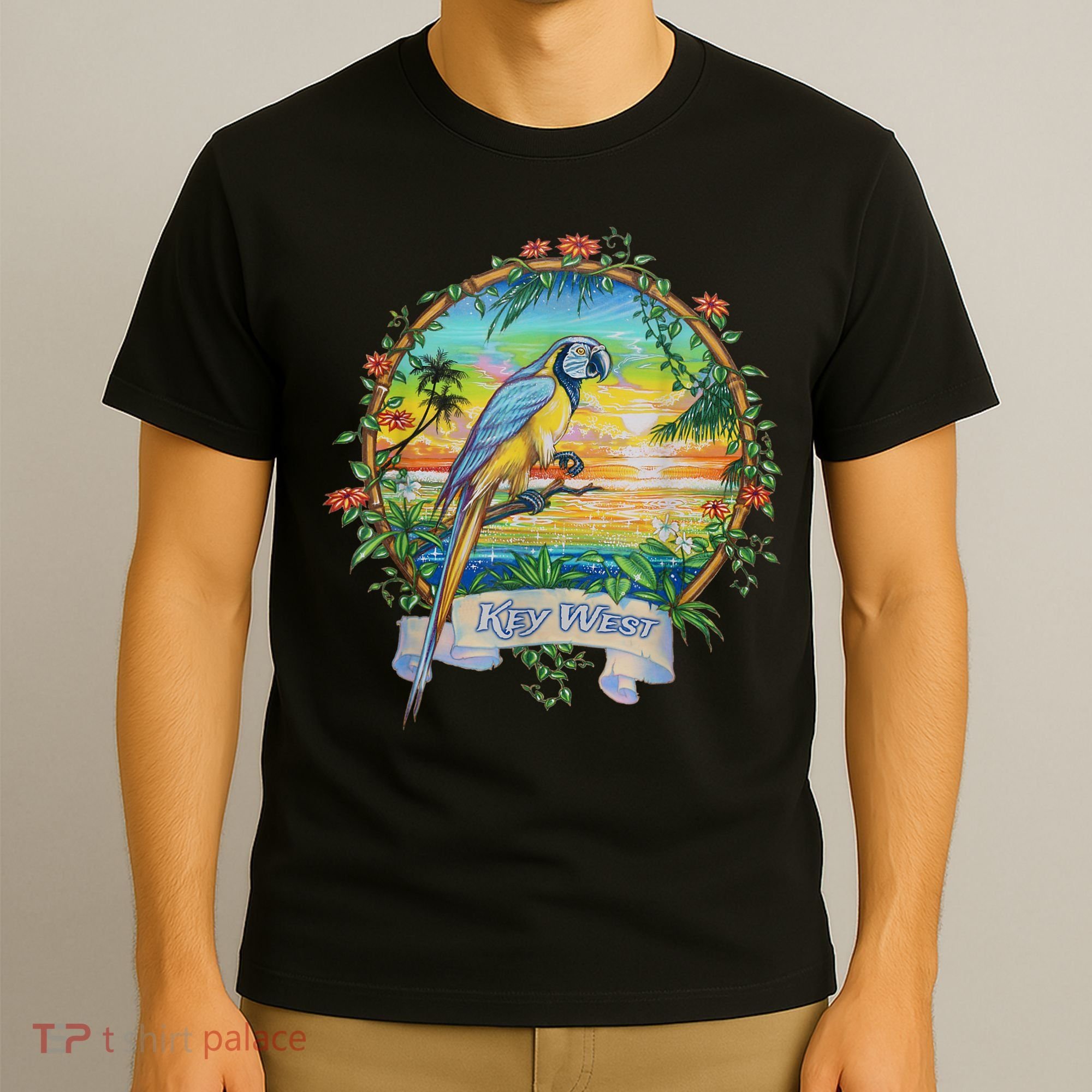 Key West, Florida Vintage Tropical Sunset Beach Parrot T-Shirt