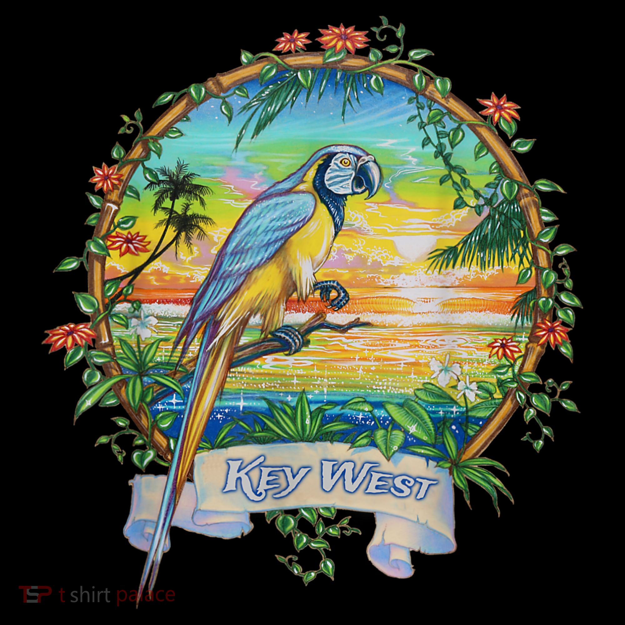 Key West, Florida Vintage Tropical Sunset Beach Parrot T-Shirt