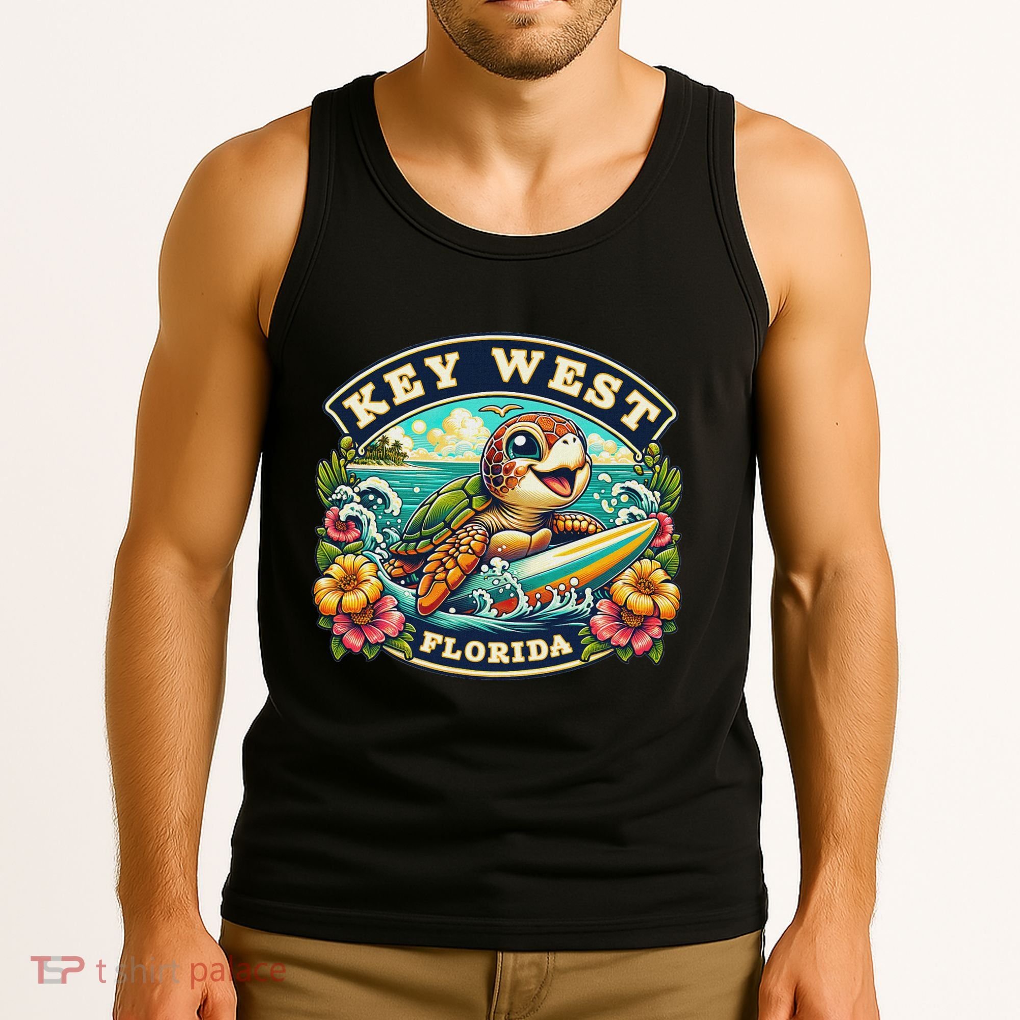 Key West Florida Cute Sea Turtle Surfing Tank Top
