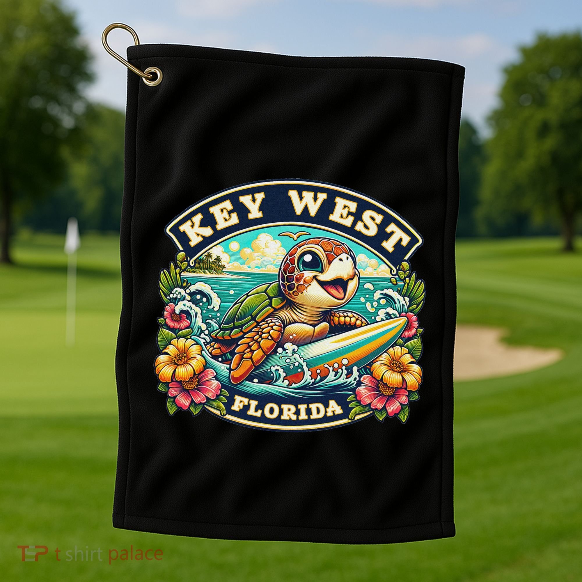 Key West Florida Cute Sea Turtle Surfing Golf Towel