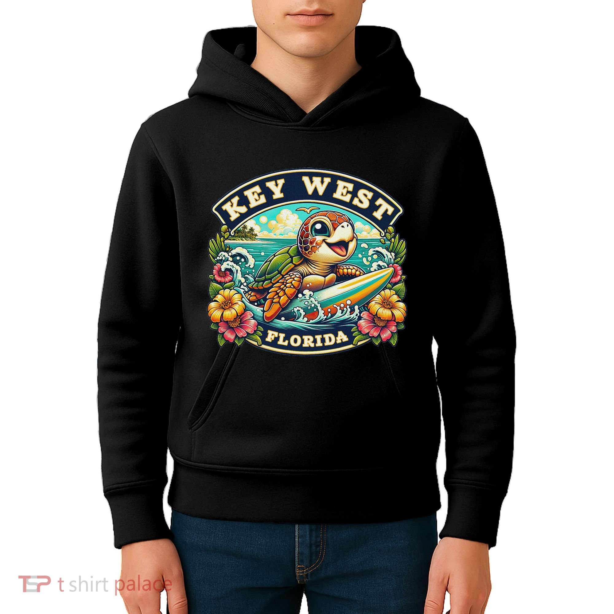 Key West Florida Cute Sea Turtle Surfing Kids Hoodie