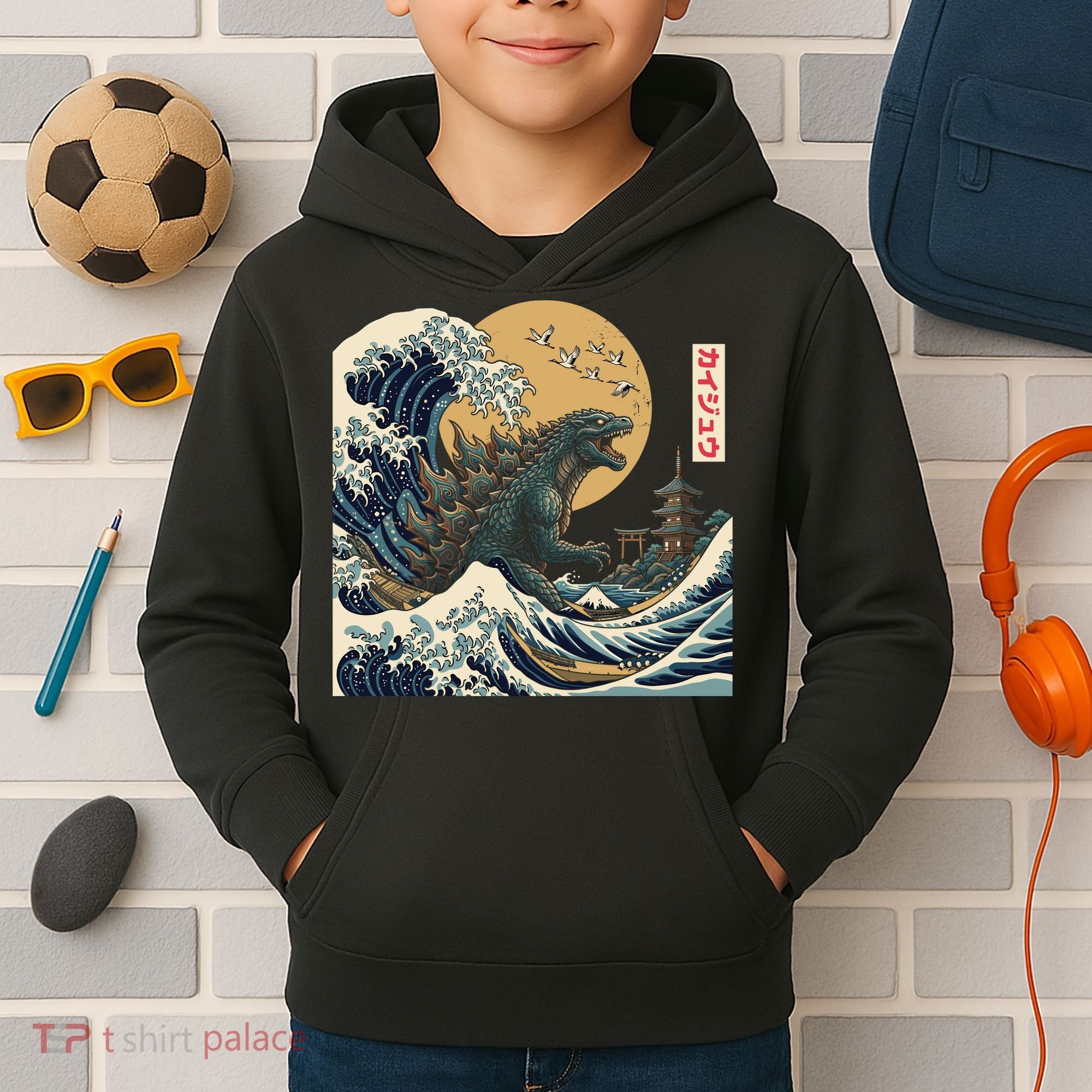 Kaiju Wave Monster Japanese Kawaki Kids Hoodie