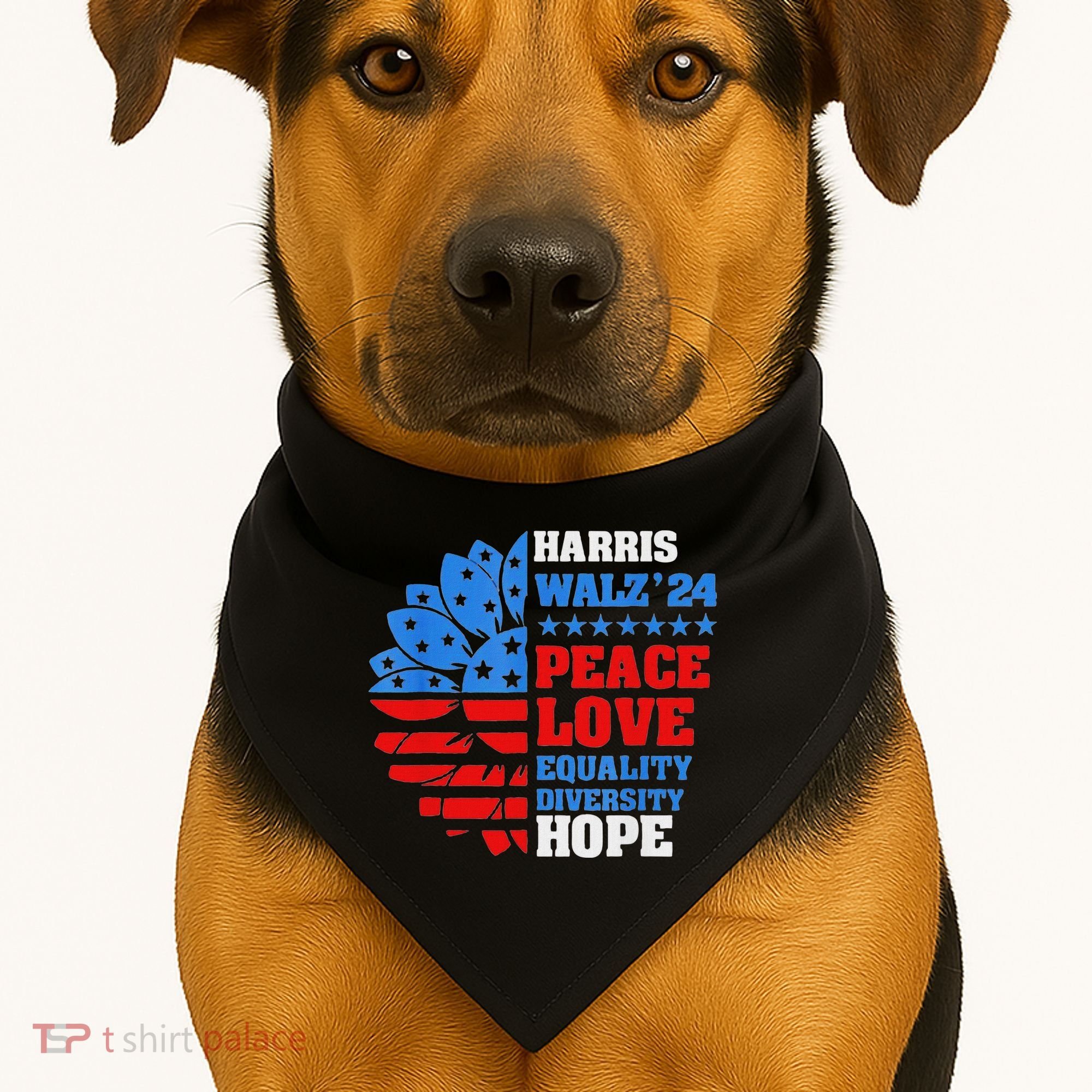 Kamala Walz Peace Love Equality Hope Diversity USA-Made Doggie Bandana