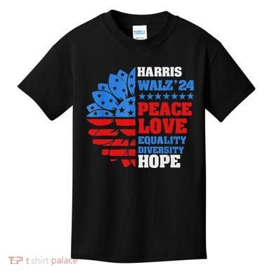 Kamala Walz Peace Love Equality Hope Diversity Kids T-Shirt