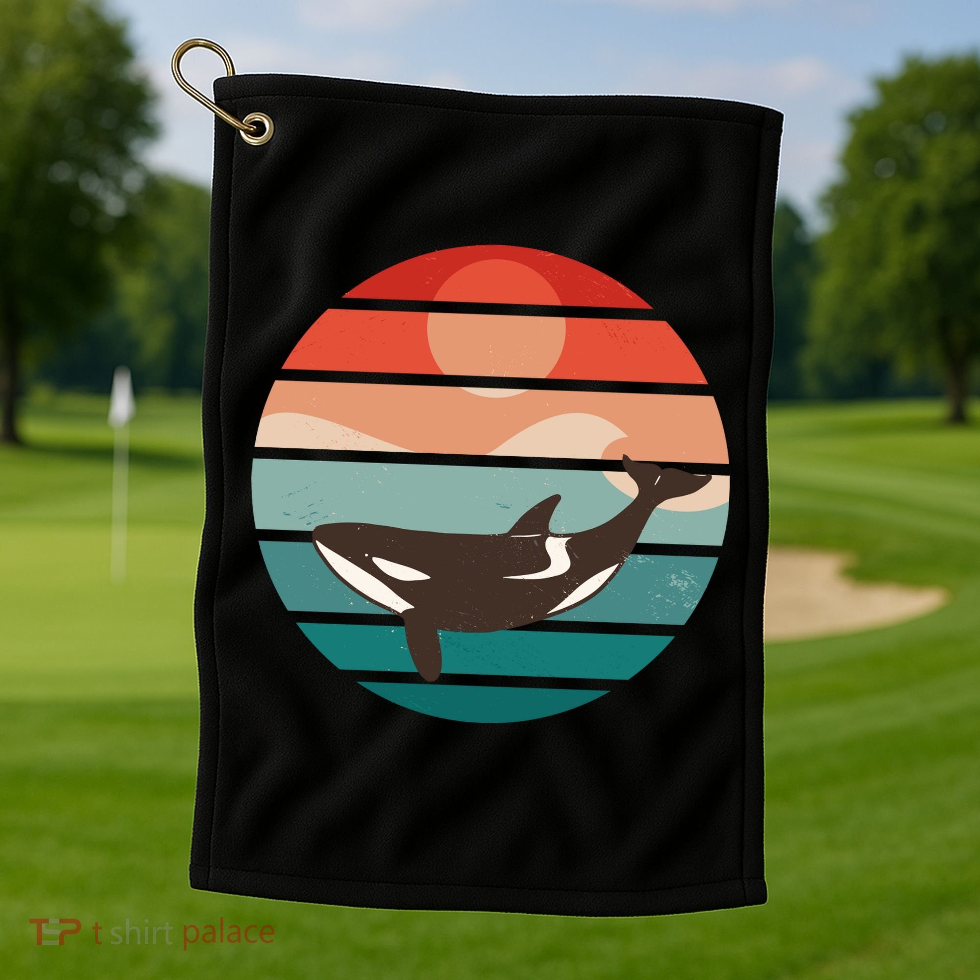 Killer Whale Retro Sunset Golf Towel