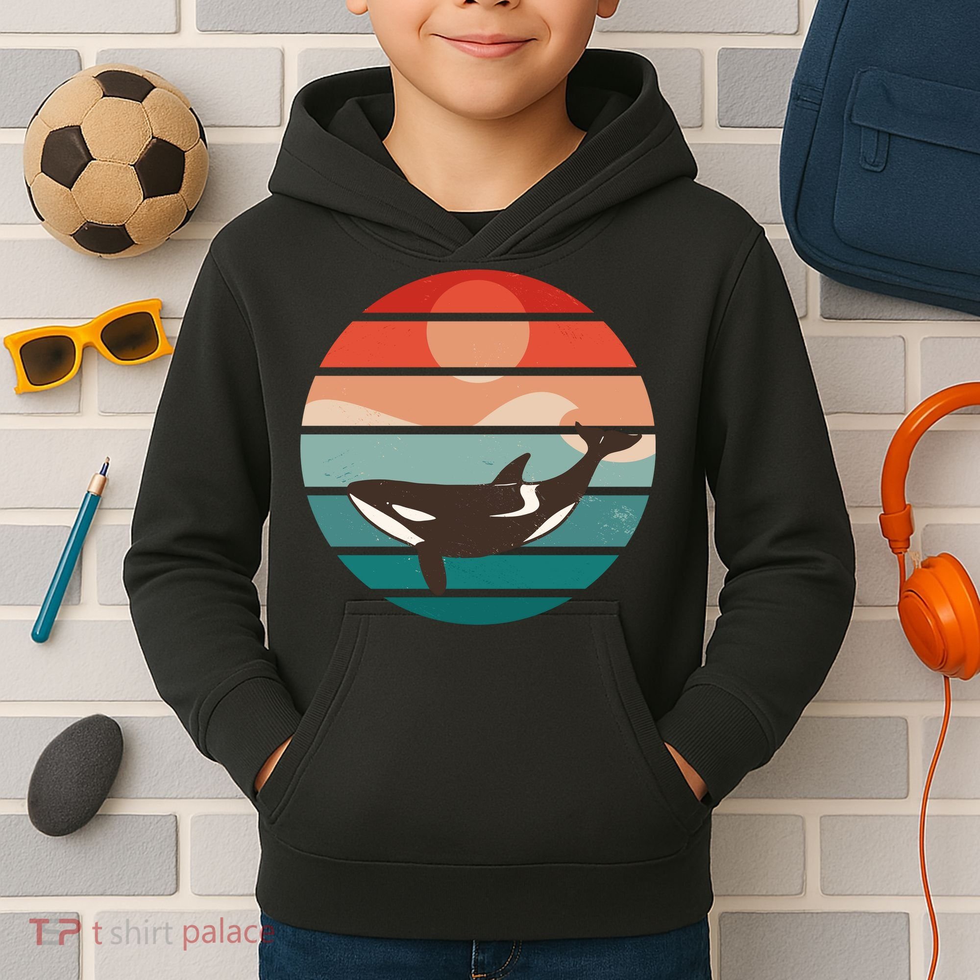 Killer Whale Retro Sunset Kids Hoodie