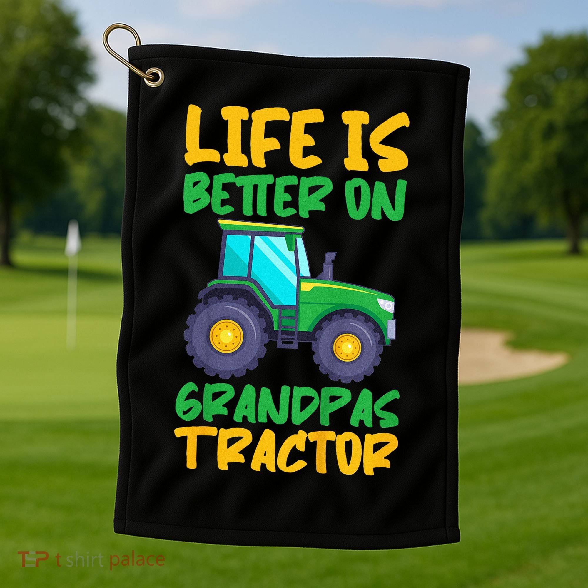 Kids Young Farmer Funny Tractor Boy On Grandpas Tractor Golf Towel