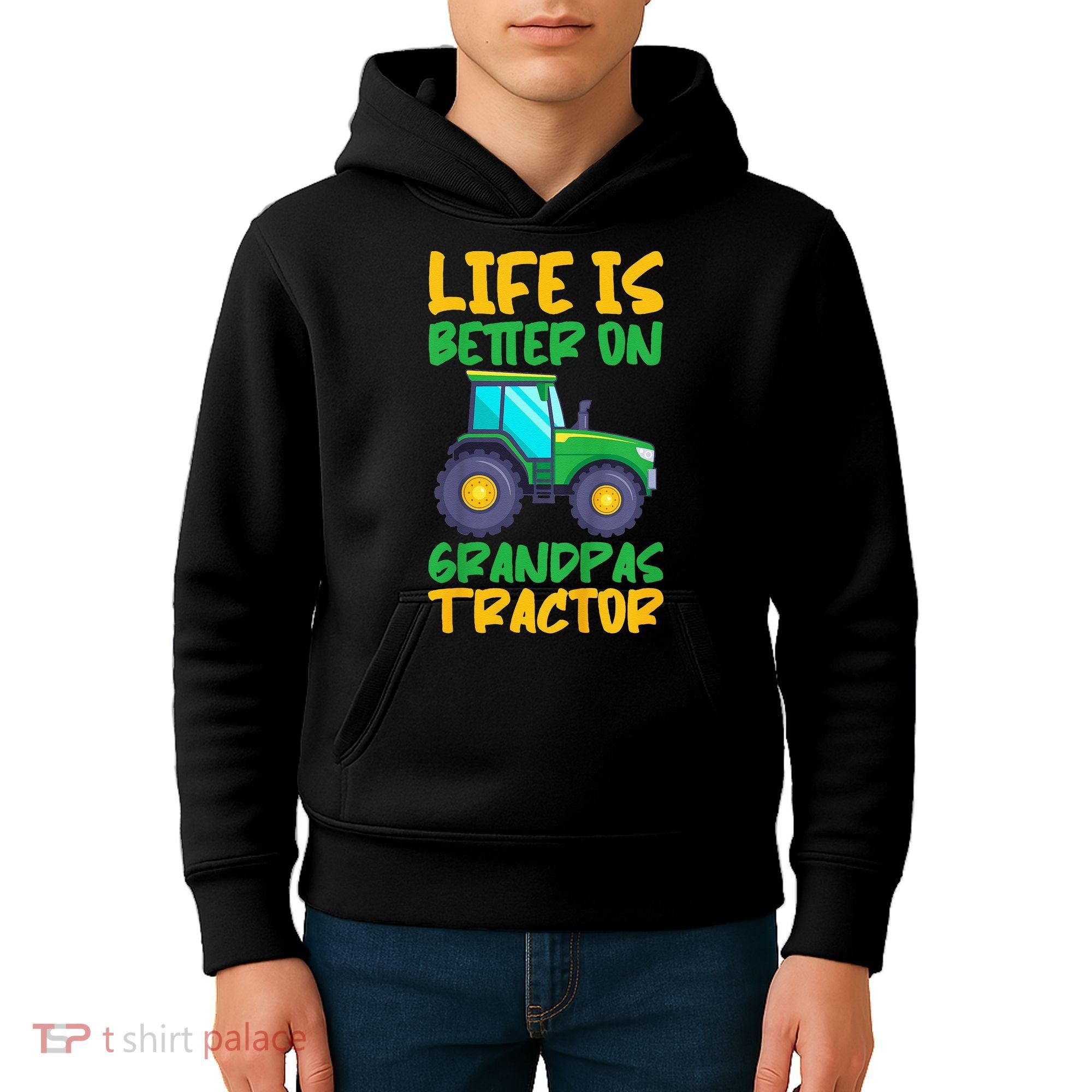 Kids Young Farmer Funny Tractor Boy On Grandpas Tractor Kids Hoodie
