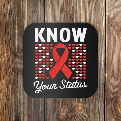 Know Your Status Red Ribbon And Hearts Hiv & Aids Awareness Coaster