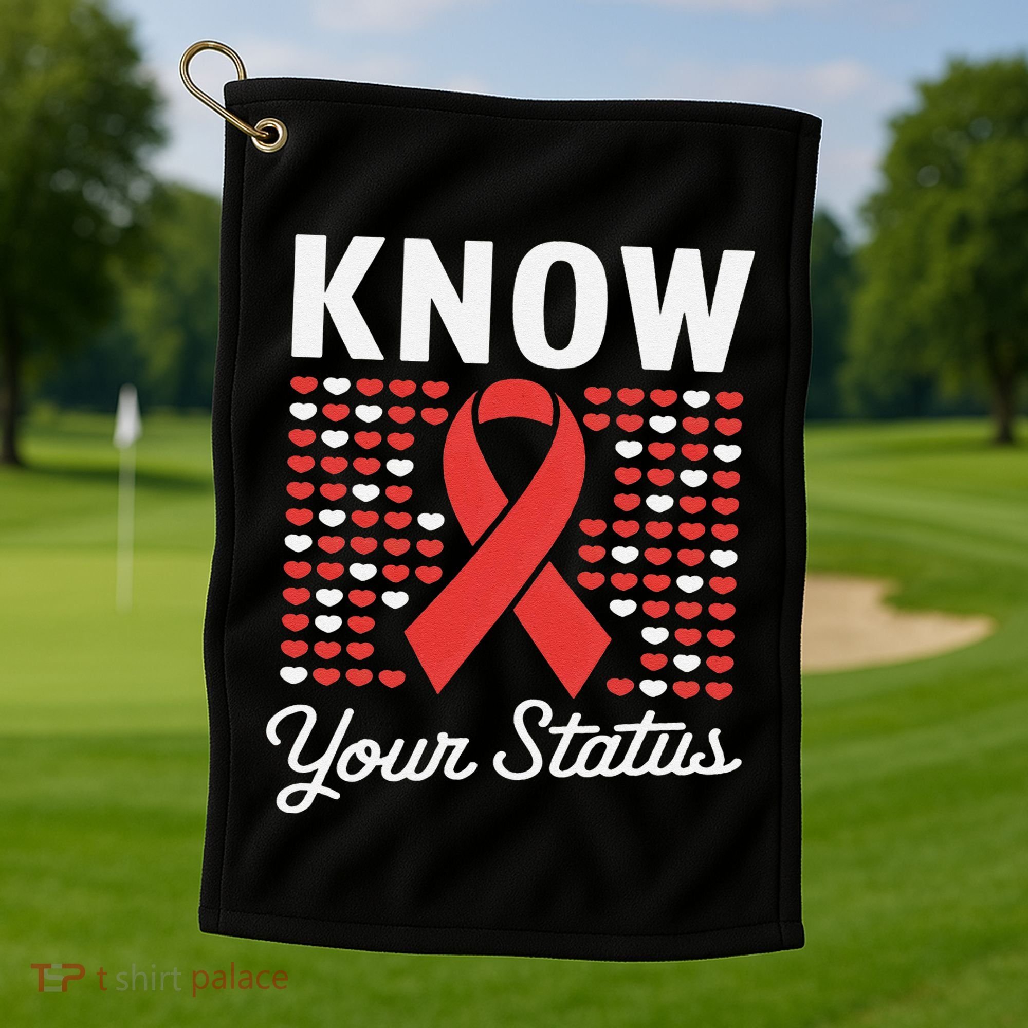 Know Your Status Red Ribbon And Hearts Hiv & Aids Awareness Golf Towel