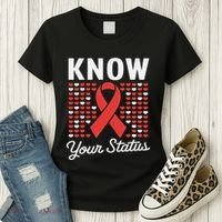 Know Your Status Red Ribbon And Hearts Hiv & Aids Awareness Women's T-Shirt thumb 3