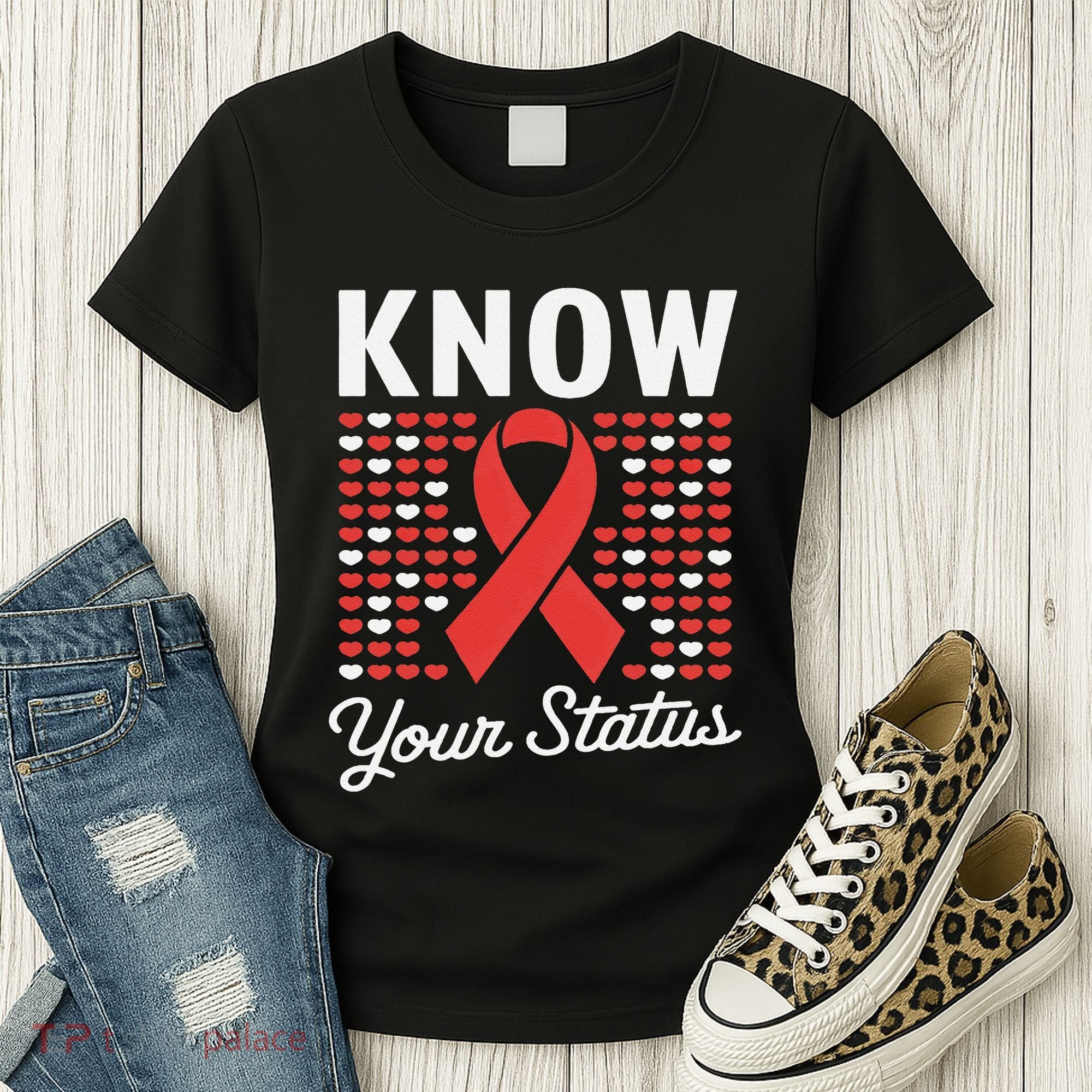 Know Your Status Red Ribbon And Hearts Hiv & Aids Awareness Women's T-Shirt