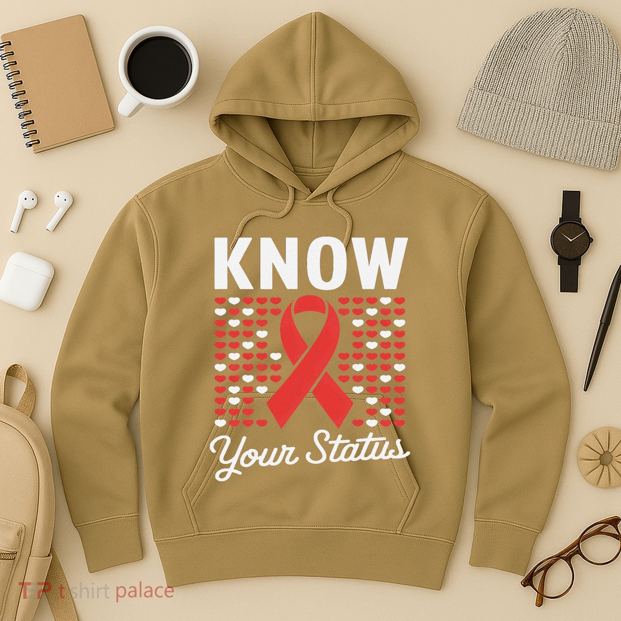 Know Your Status Red Ribbon And Hearts Hiv & Aids Awareness Hoodie
