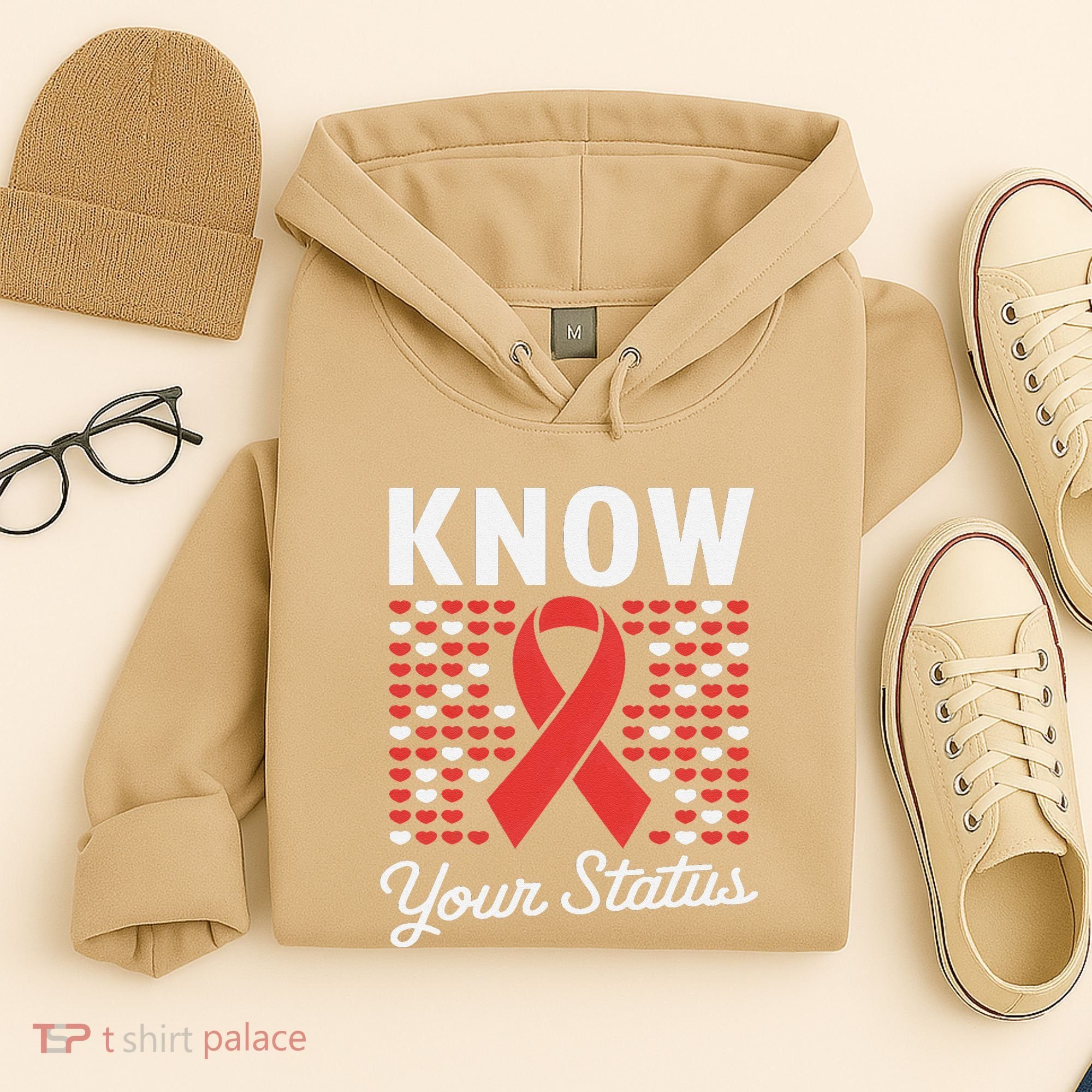 Know Your Status Red Ribbon And Hearts Hiv & Aids Awareness Hoodie