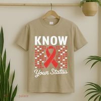 Know Your Status Red Ribbon And Hearts Hiv & Aids Awareness T-Shirt thumb 2