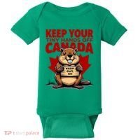 Keep Your Tiny Hands Off Canada Is Not For Sale Funny Baby Bodysuit thumb 0