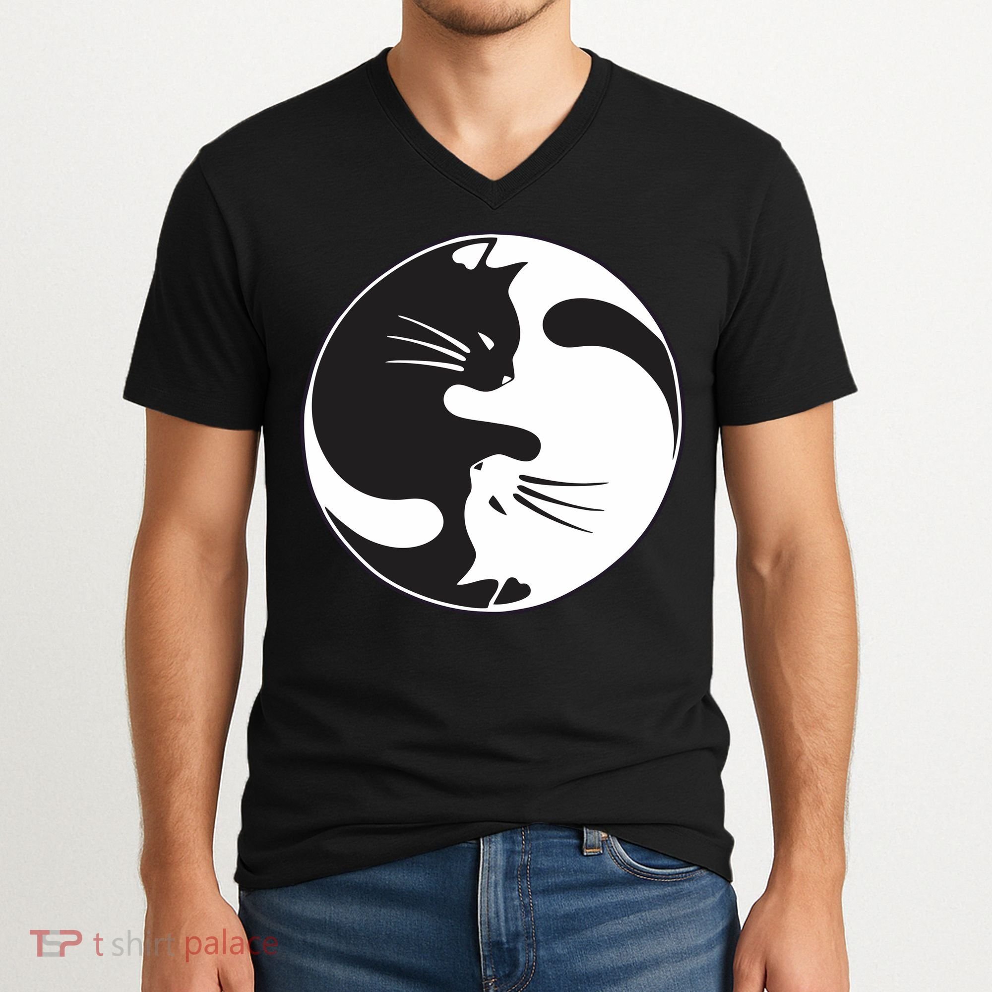 Kawaki Ying Yang Cat V-Neck T-Shirt