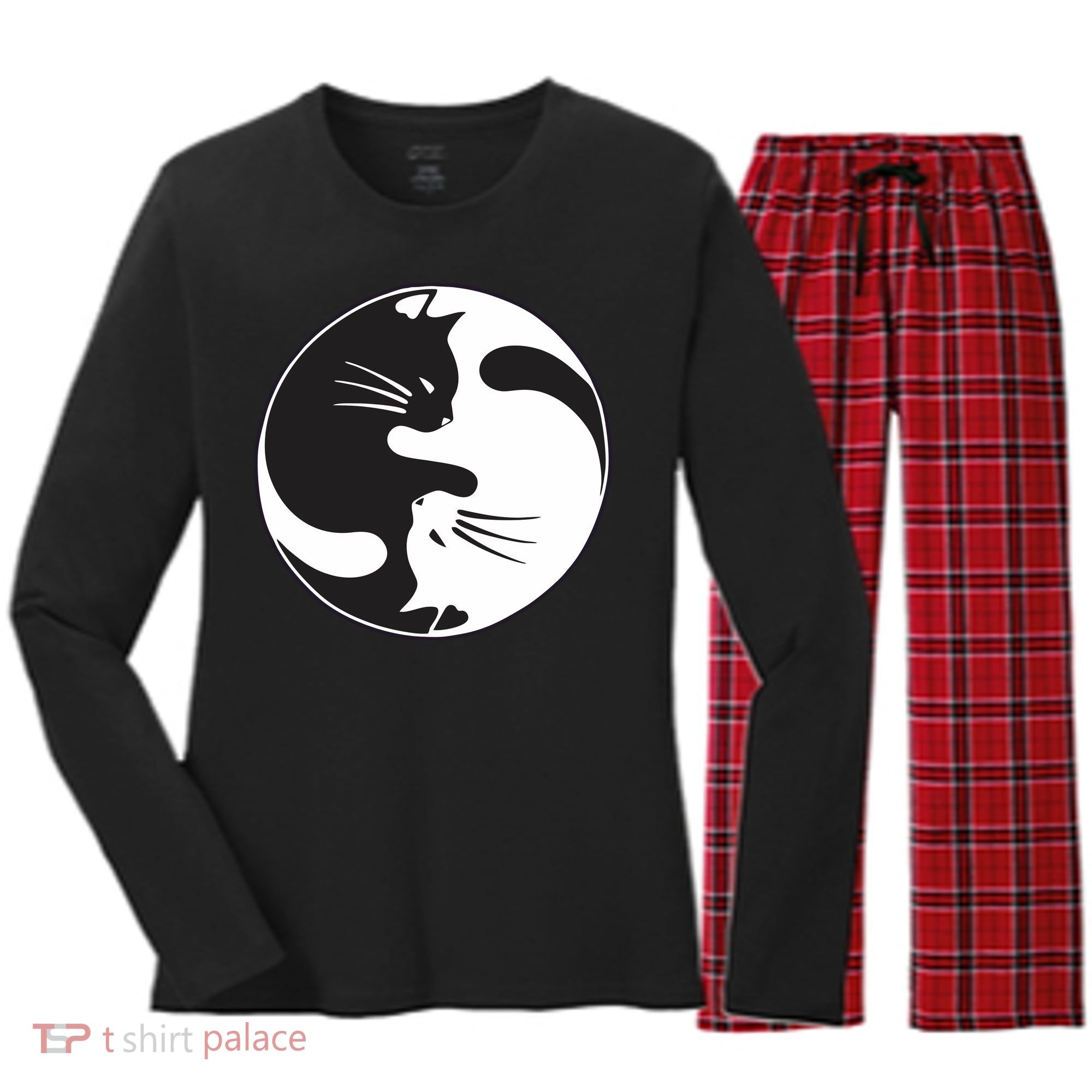 Kawaki Ying Yang Cat Women's Long Sleeve Flannel Pajama Set 