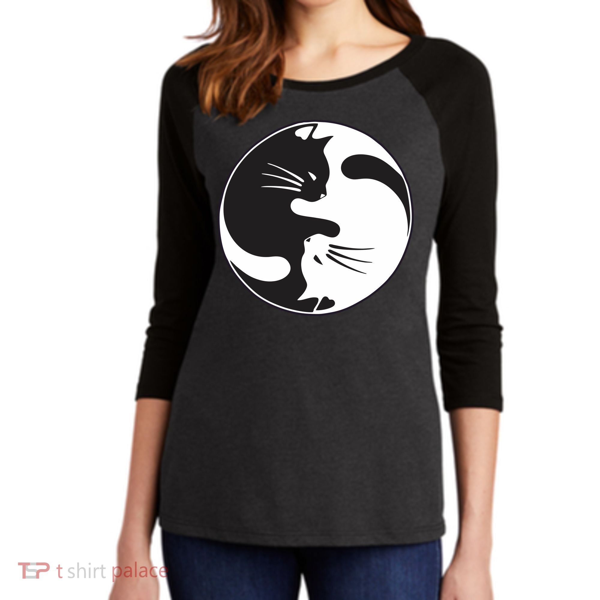 Kawaki Ying Yang Cat Women's Tri-Blend 3/4-Sleeve Raglan Shirt