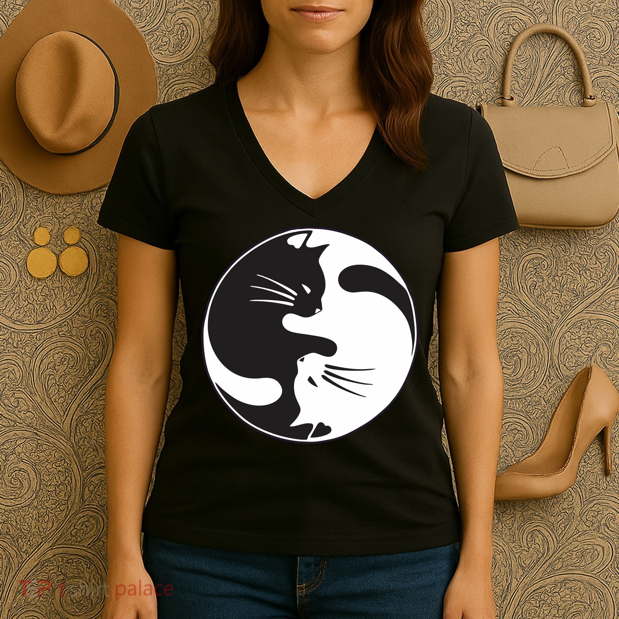 Kawaki Ying Yang Cat Women's V-Neck T-Shirt