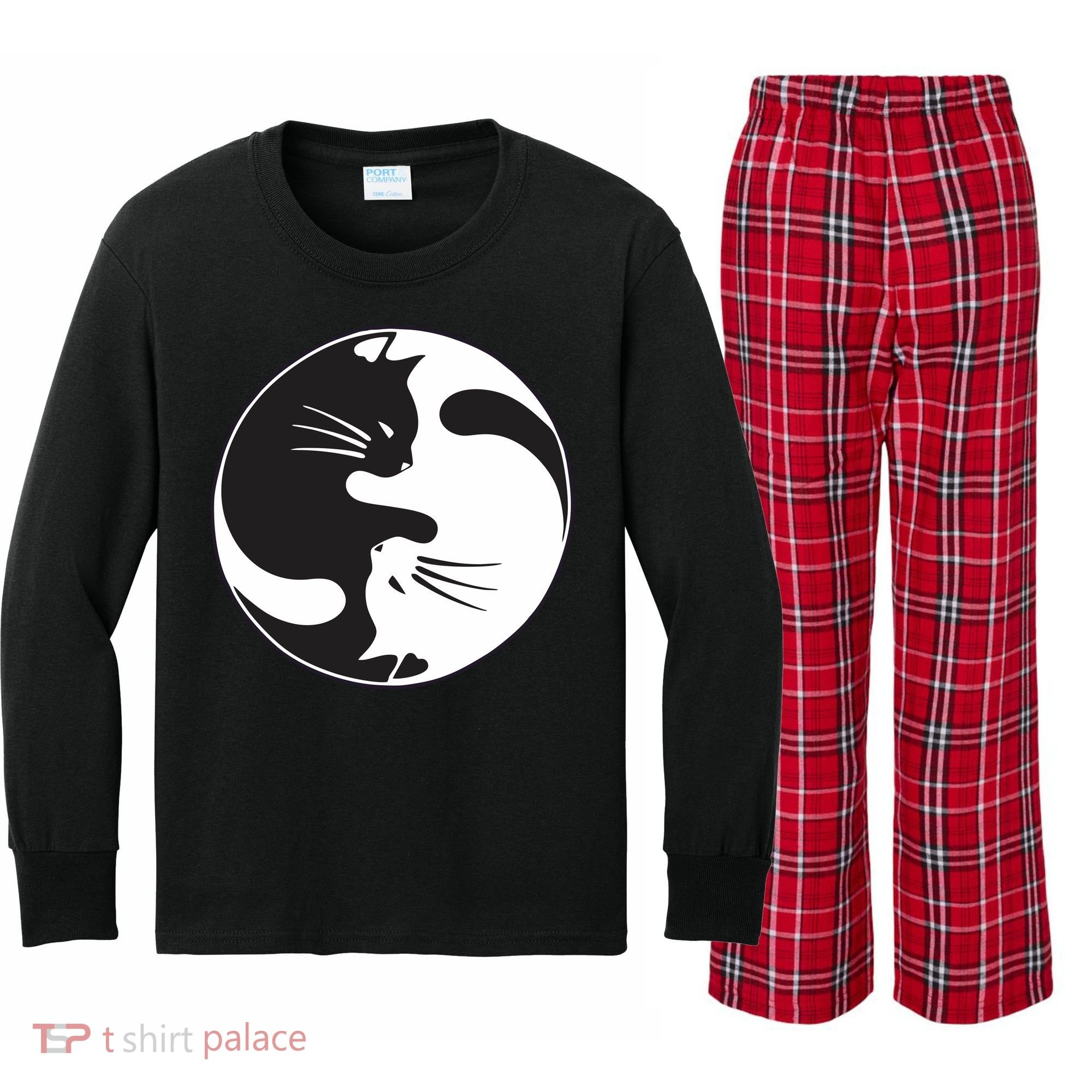 Kawaki Ying Yang Cat Kids Long Sleeve Plaid Pajama Set