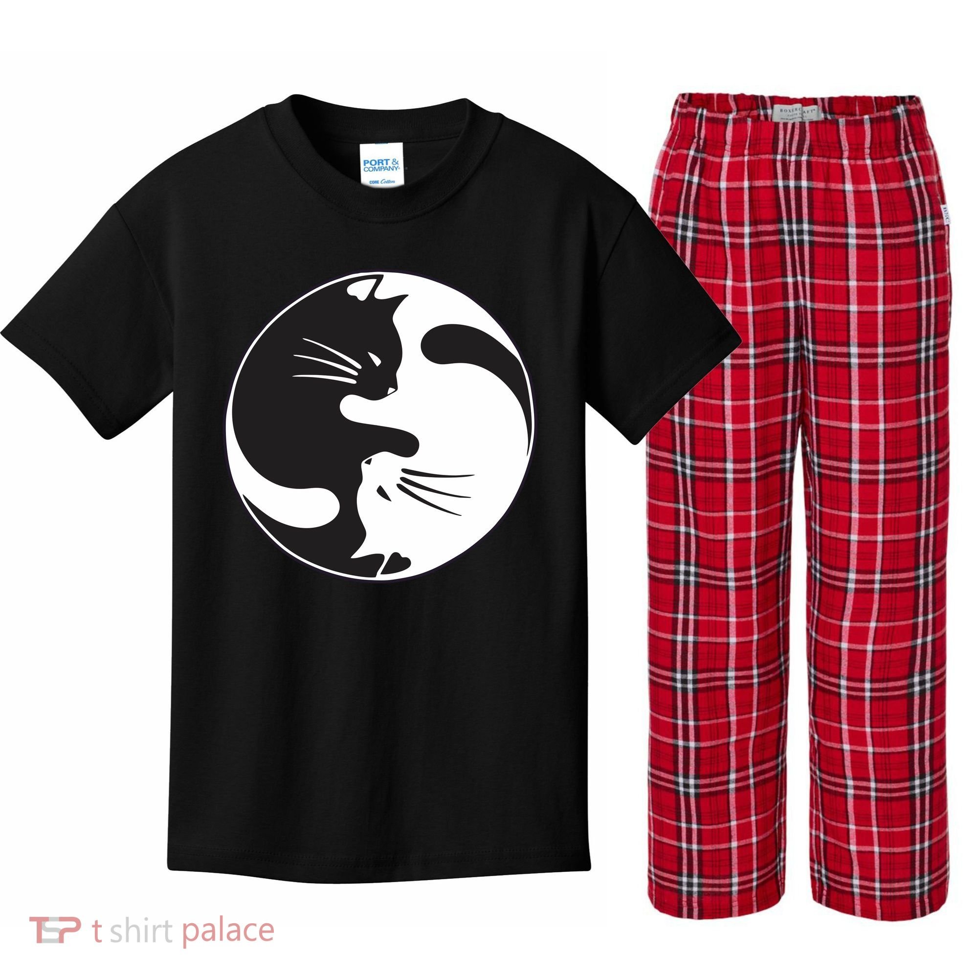 Kawaki Ying Yang Cat Kids Plaid Pajama Set