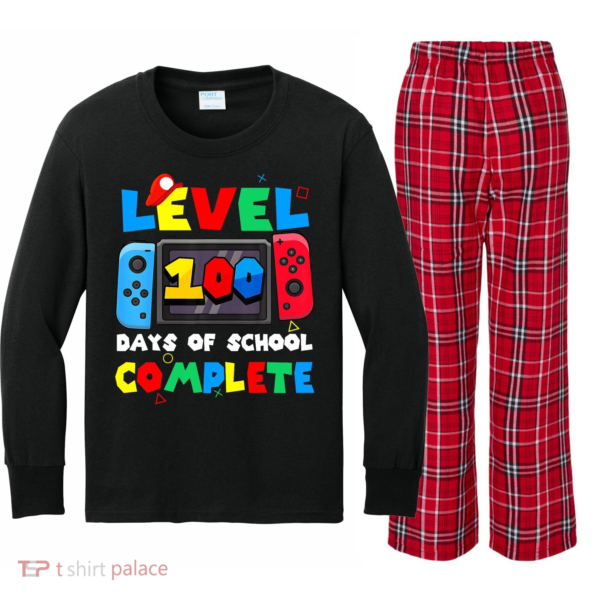 Level 100 Days Of School Complete Gamer Video Games Kids Long Sleeve Plaid Pajama Set